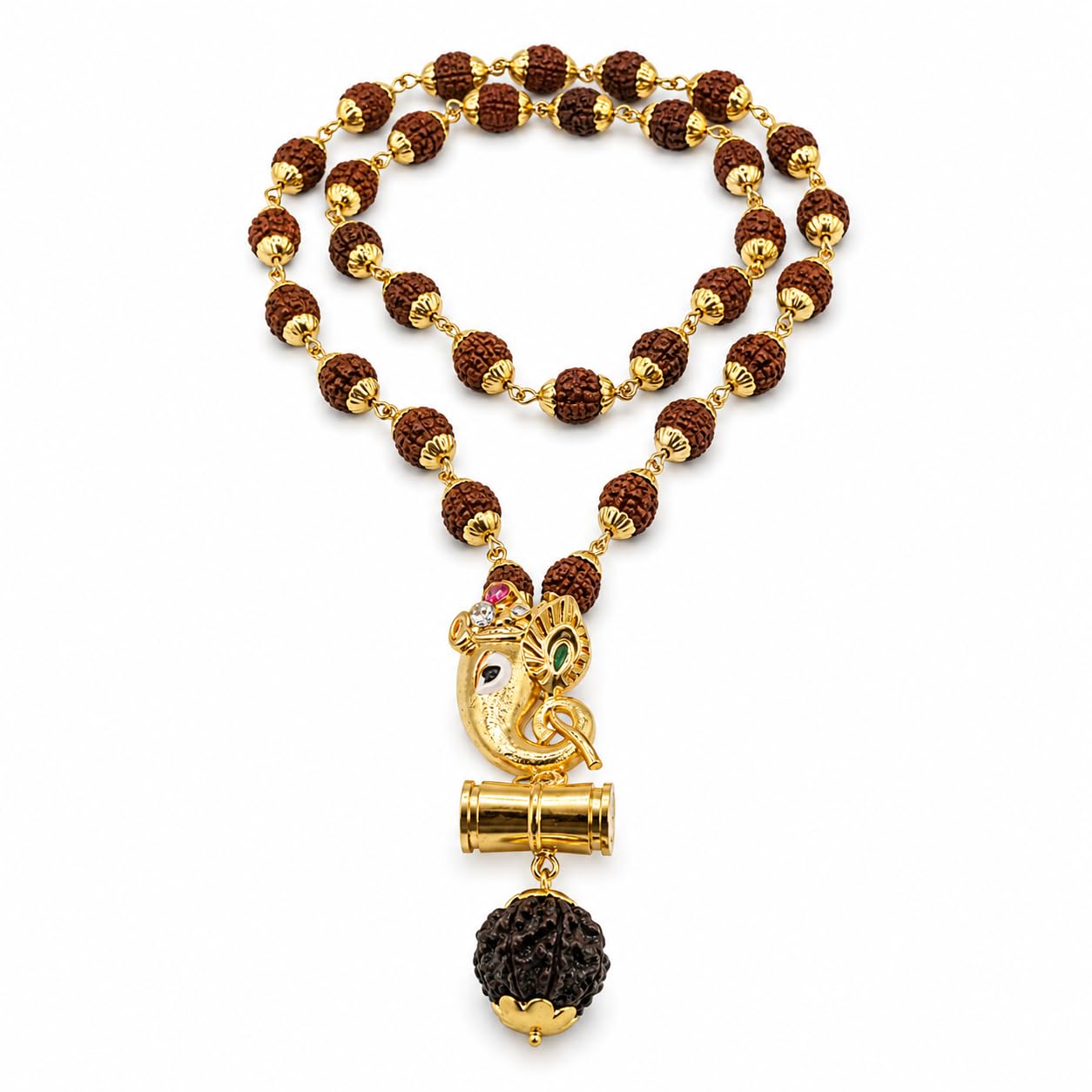 Lord shree Ganesh Locket With Gold Plated Cap Panchmukhi Rudraksha Mala Gold And Brown Brass And Wood Religious Jewellery Pendant Necklace Chain For Men And Women-image-29
