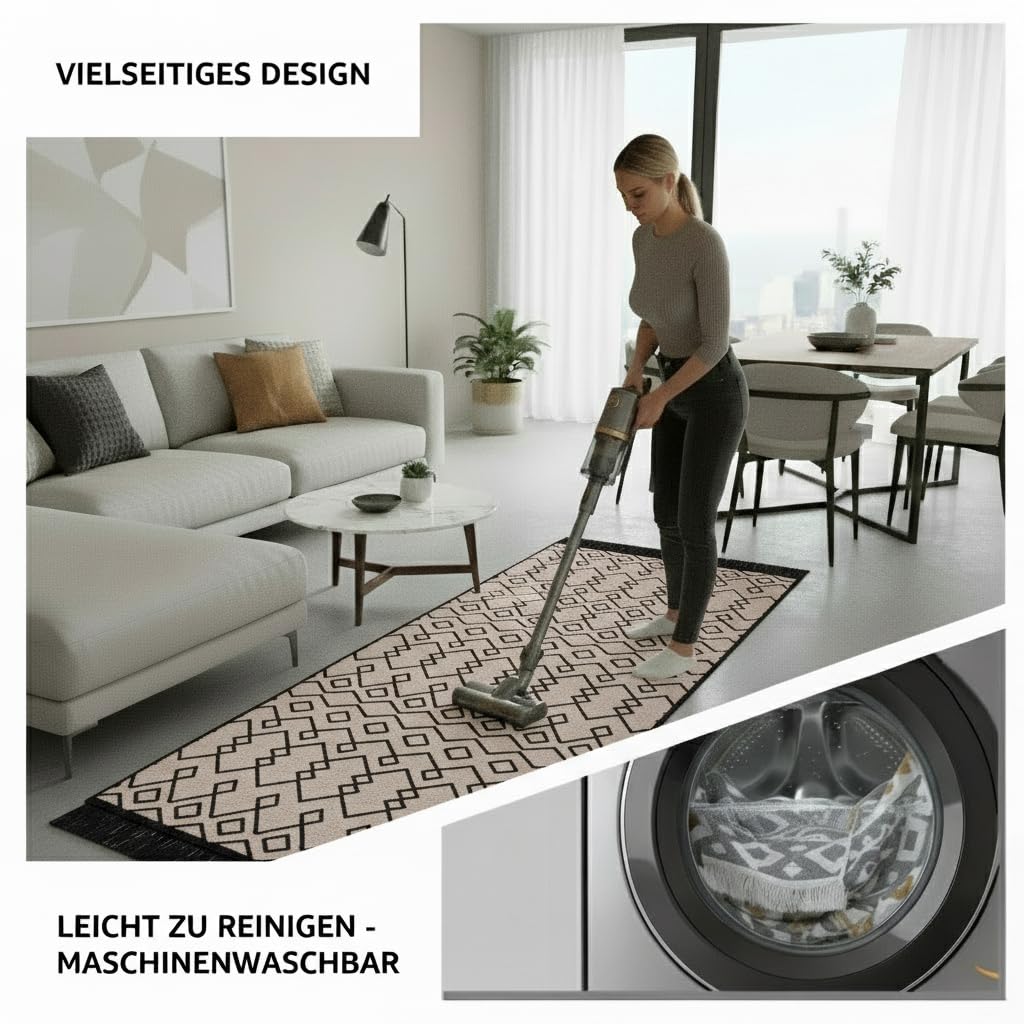 Jimri Teppich Läufer - Tepiche für Wohnzimmer, Schlafzimmer, Küche, Kinderzimmer, Badezimmer - Boho Kelim - Läufer Flur, Schwarz-Beige, Größe: 160x230 cm