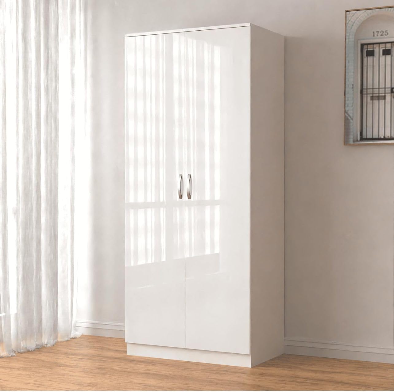 2 Door Wardrobe High Gloss with Shelf & Hanging Rail Modern Furniture Clothes Storage Organizer Unit for Bedroom and Office (White, Large)