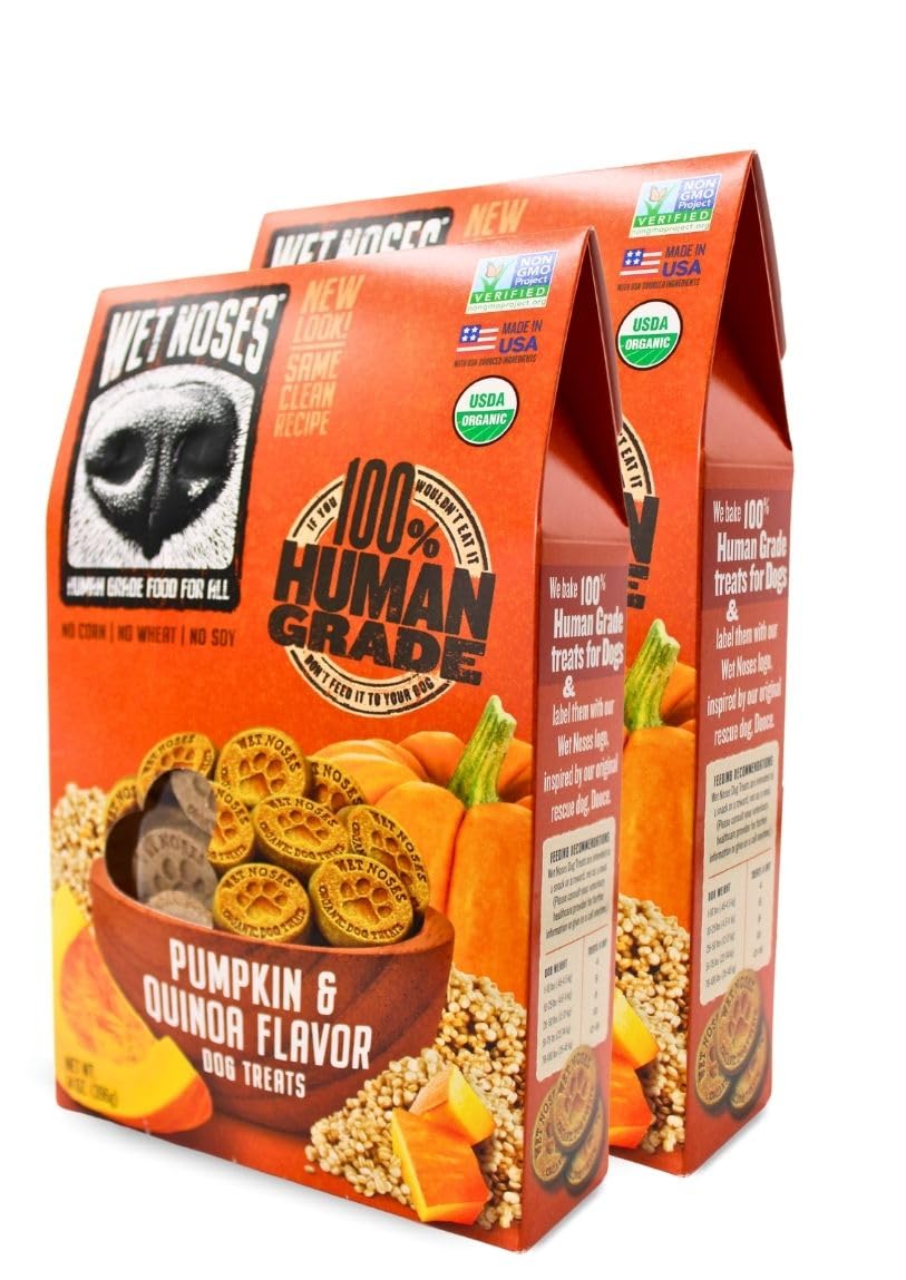 Wet Noses Organic Crunchy Dog Treats – for All Pet Sizes, Breeds – All-Natural Puppy Treat, Senior Dog Snack – 100% Human-Grade – Delicious Chews for Dogs – Pumpkin & Quinoa, 14 Oz (2-Pack)