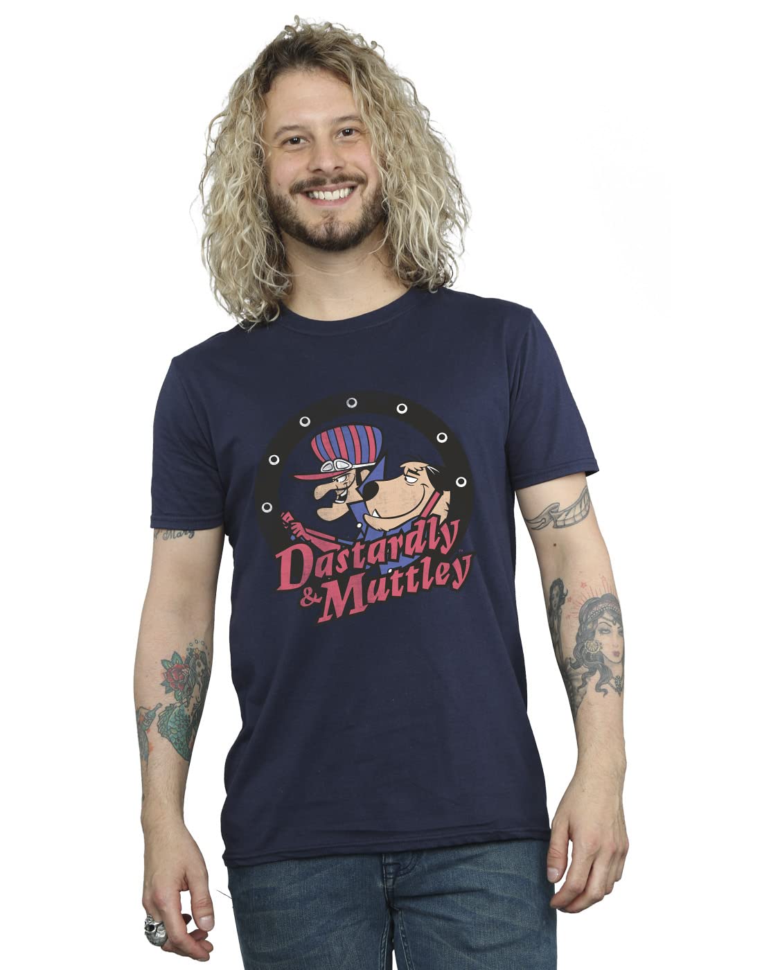 Absolute Cult Men's Navy Blue Wacky Races Dastardly And Mutley Circle T-Shirt Medium