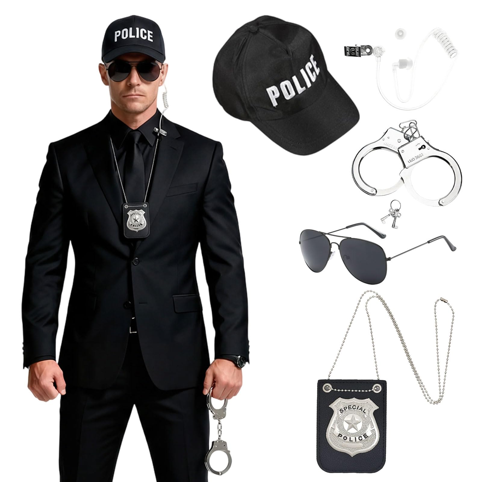 Amycute Juego de accesorios para disfraz de policía, 6 unidades, para hombre, mujer, adulto, con gafas de policía, gafas, esposas, insignias para carnaval, Halloween, fiestas, cosplay
