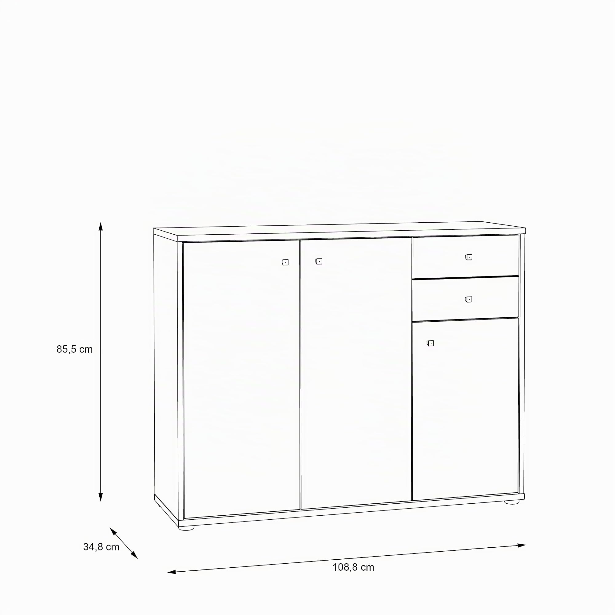 Forte Tempra 2 Kommode mit 3 Türen und 2 Schubladen, Holzwerkstoff, weiß, Bx H xT: 108,8 x 85,5 x 34,8 cm
