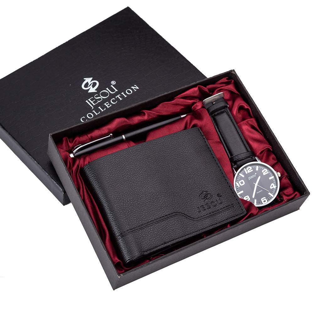 Juego De Regalo para Hombres Reloj + Billetera + Juego De Bolígrafos Bellamente Empaquetados Juego De Combinación Creativa Masculino Negro