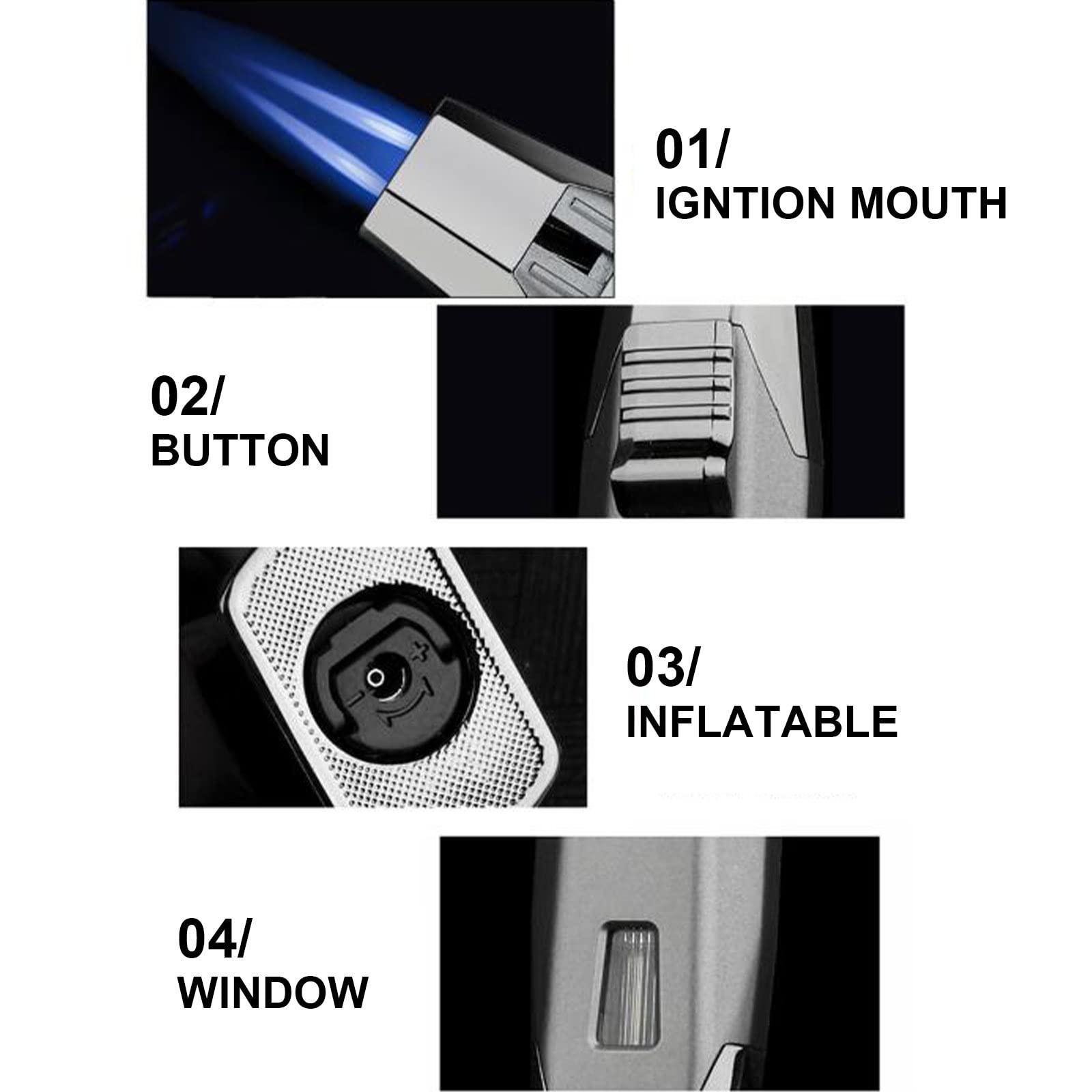 Briquet Torche Gonflable 2 Jet Bleu Flamme Coupe-Vent Gaz Butane Grand Briquet Coupe-Vent Fort pour Cigare Bougie Camping pour Hommes Outils