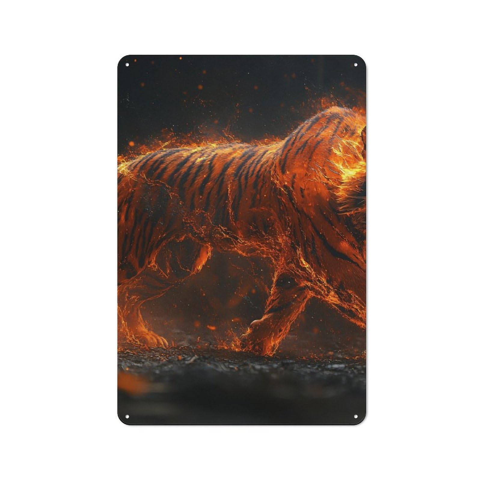 Retro Metal Plaque 30x20cm Featuring Majestic Tiger Engulfed in Fire for Workshop Wall, for Metal Sign Collectors, for Garage And Workshop Walls