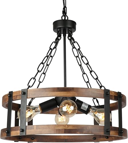Candelabro de madera rústica de granja, lámpara de tambor industrial de 4 luces para comedor, lámpara colgante vintage con acento de metal negro