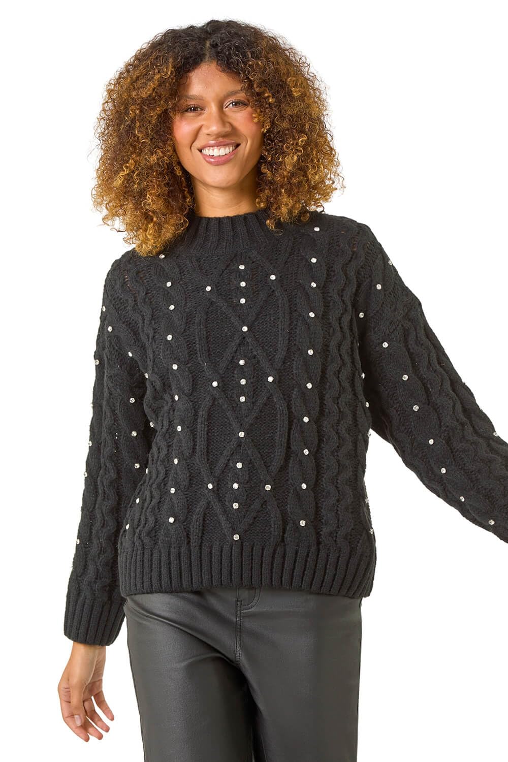 Roman Originals Diamante Cable Knit Jumper for Women UK - Ladies Everyday Autumn Winter Funnel Neckline Comfy Soft Evening Vacation Work Party Night Out - Black - Size 20
