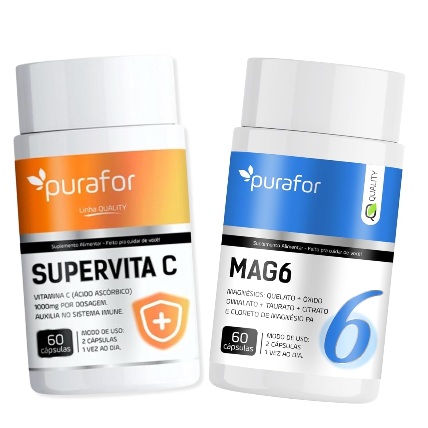 Combo Vitamina C 1000mg + MAG6 Magnésio – Vitamina C e 6 Tipos de Magnésio – Imunidade, Energia e Bem-Estar – 2 Potes com 60 Cápsulas