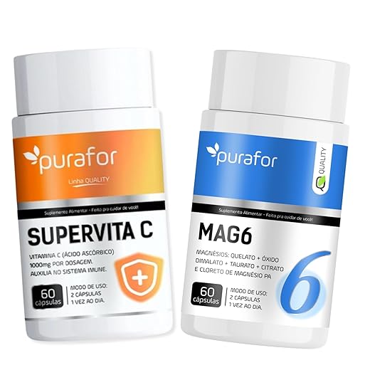 Combo Vitamina C 1000mg + MAG6 Magnésio – Vitamina C e 6 Tipos de Magnésio – Imunidade, Energia e Bem-Estar – 2 Potes com 60 Cápsulas