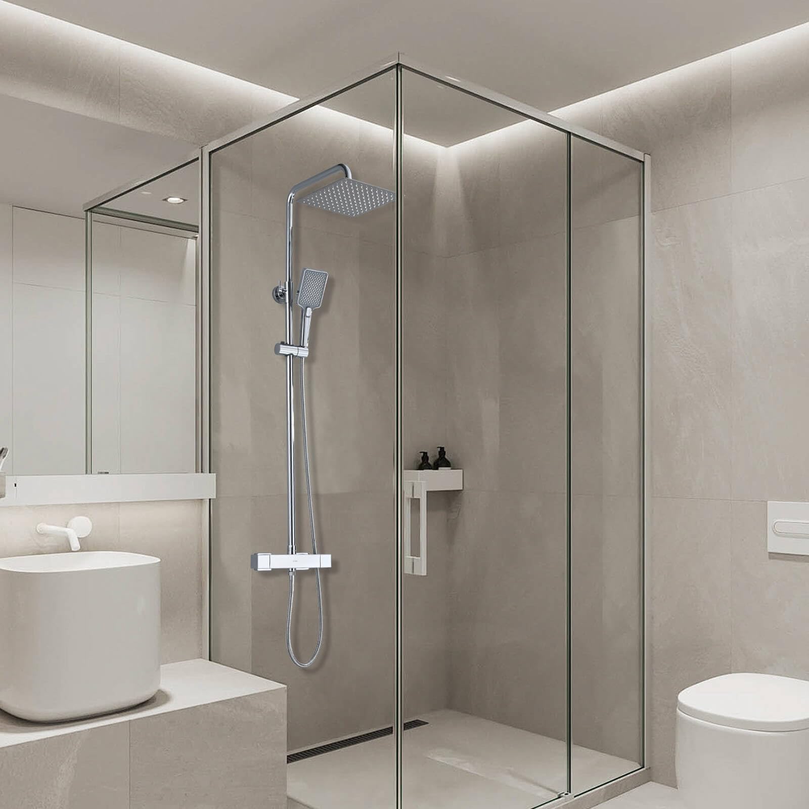 Columna Ducha Termostática, DETBOM Set de Ducha Cuadrado Acero Inox, Cabezal de Ducha de Lluvia, Barra Ducha de Altura Ajustable, Cromada
