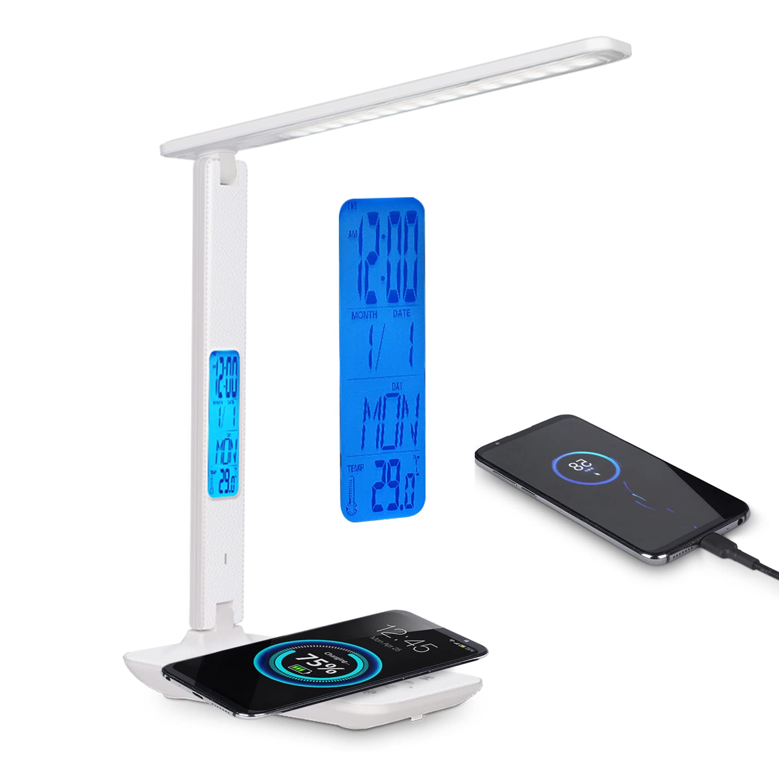 SIC Lámpara de Escritorio LED, Cargador de Teléfono Inalámbrico y Puerto USB, 5 Niveles de Brillo Plegable con Despertador, Calendario, Indicador de Temperatura, Adecuado para Habitación Infantil
