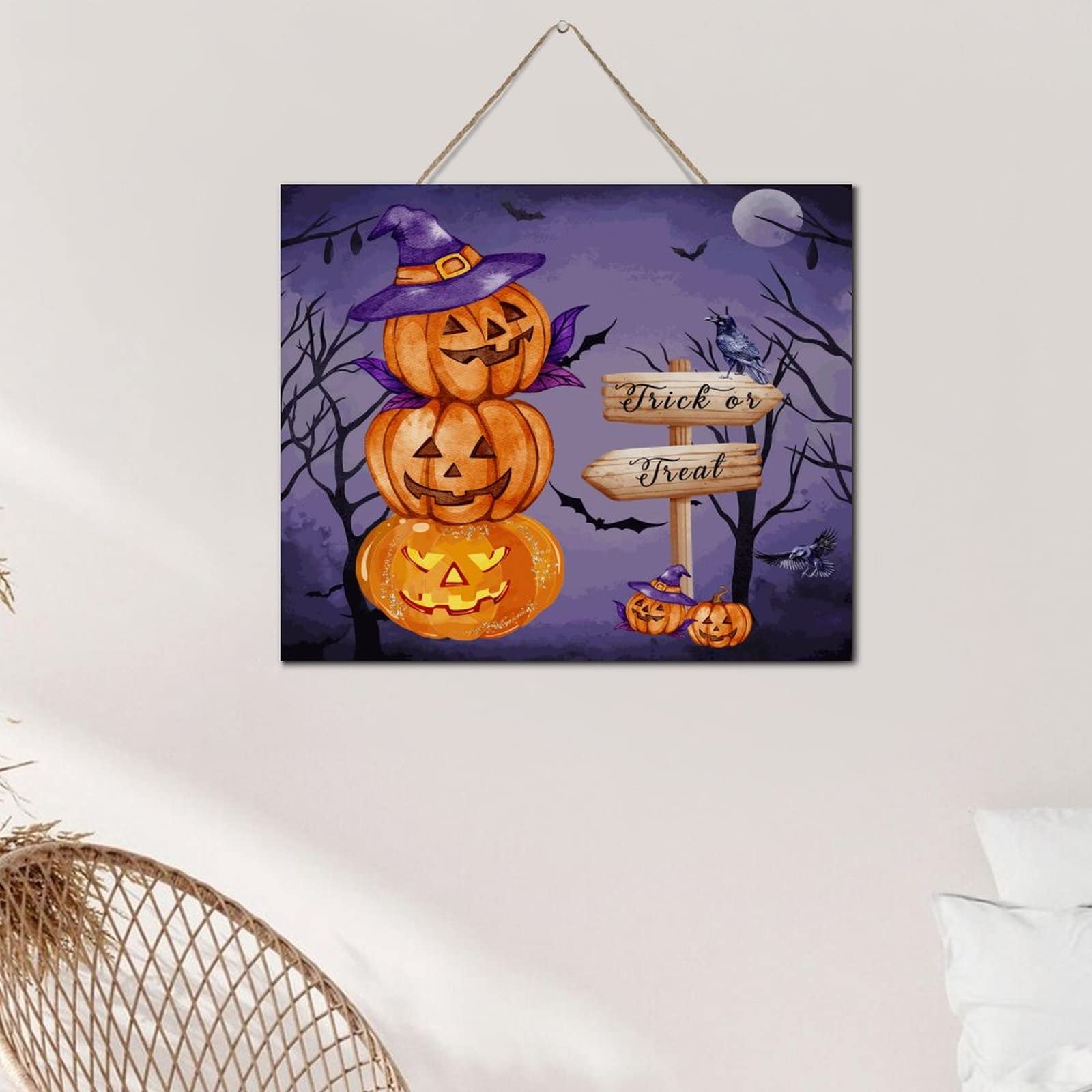 Set Di 3 Segnaposto Da Tavolo In Legno Di Halloween Hocus Pocus – Decorazioni Autoportanti Con Frasi 'I Smell Children', 'Happy Halloween' E 'It's Just A Bunch Of Hocus Pocus'. Colori Viola, Arancione, Verde, Nero. Perfetti Per Centrotavola O Mensole.