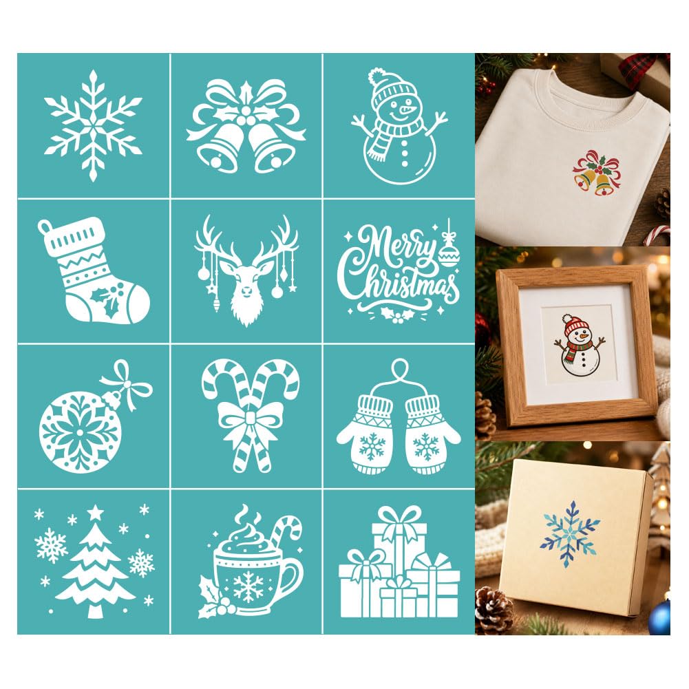 GOMAKERER 2 Sheets Christmas Element Silk Screen Stencil, Winter Xmas Ornament Self-Adhesive Silk Screen Printing for Wall Border Wood Fabric Home Craft Decor