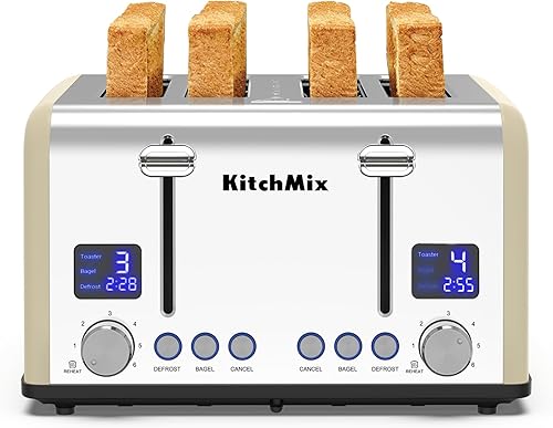 Miniatura 8 de Tostadora de acero inoxidable con temporizador LCD, ranuras extra anchas, pantalla doble, bandeja de extracción de migas (crema)