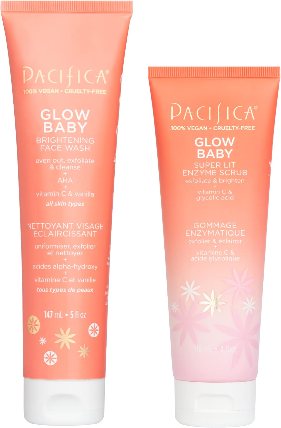 Beauty Glow Baby Brightening Face Wash & Enzyme Face Scrub Set, Skincare, Vitamin C, Glycolic Acid, Vitamin E, Facial Cleanser, Exfoliator, Skin Care, Vegan, 5 fl oz and 4 fl oz (Set of 2)
