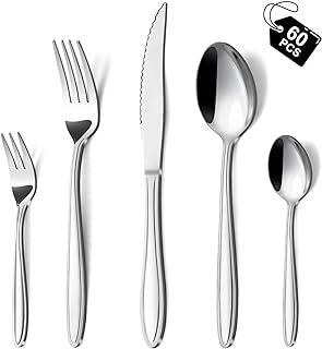 Hunnycook Cutlery Set for 12 People, 60-Piece Stainless Steel Cutlery with Line Handle, Elegant Cutlery Set with Knife, Fork, Spoon for Home, Restaurant, Party, Dishwasher Safe