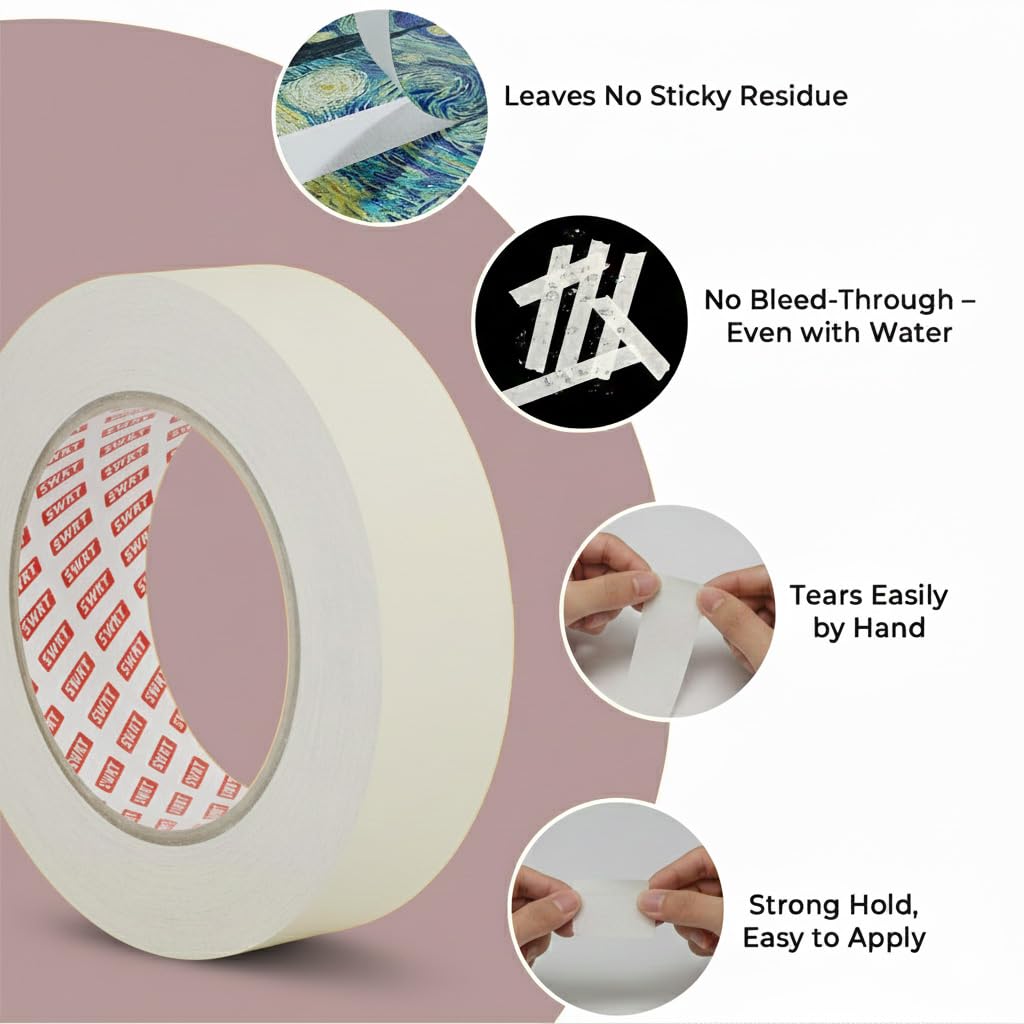 SWRT - Rollo de cinta adhesiva de 2,5 cm x 45,7 m (1300 m en total) para pintor, manualidades, papelería, arte - Beige y blanco