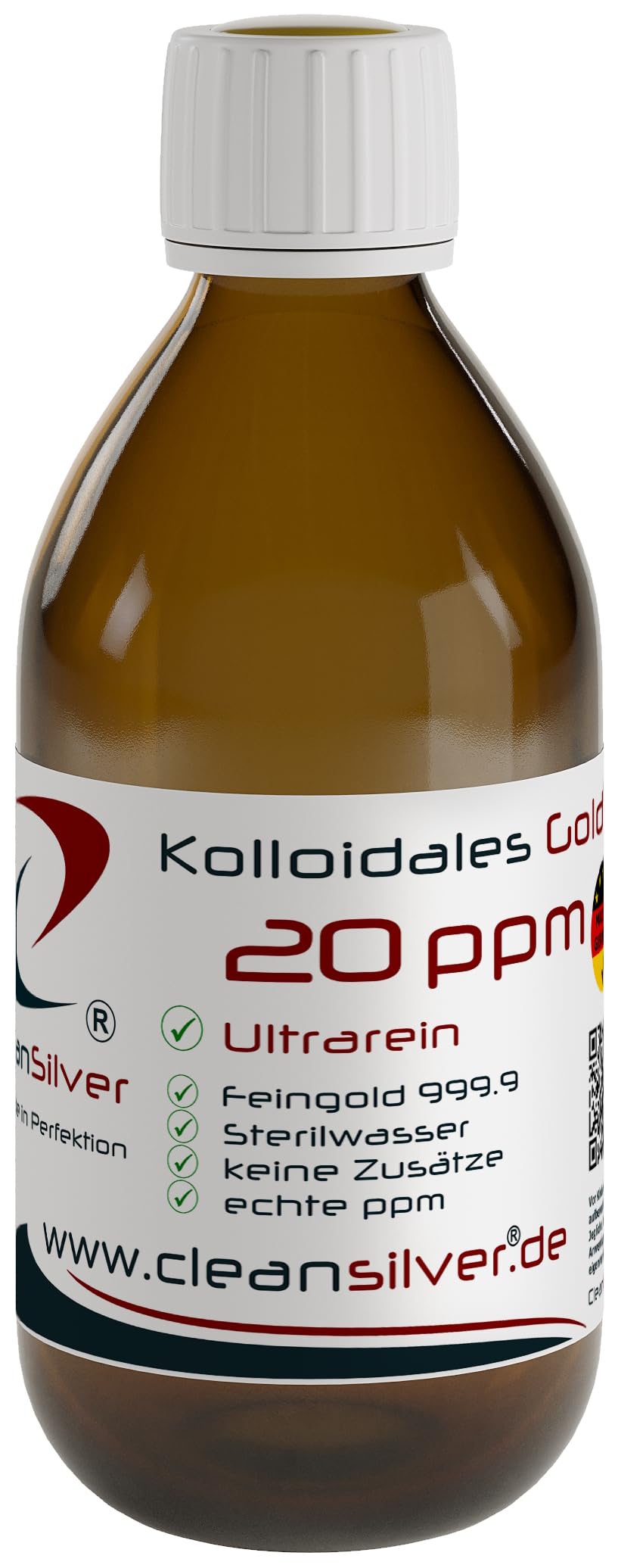 CleanSilver - Kolloidales Gold 20 ppm - 250ml - Ultrarein: Sterilwasser und Feingold 99,99% - Made in Germany - stets frisch, keine Lagerware!