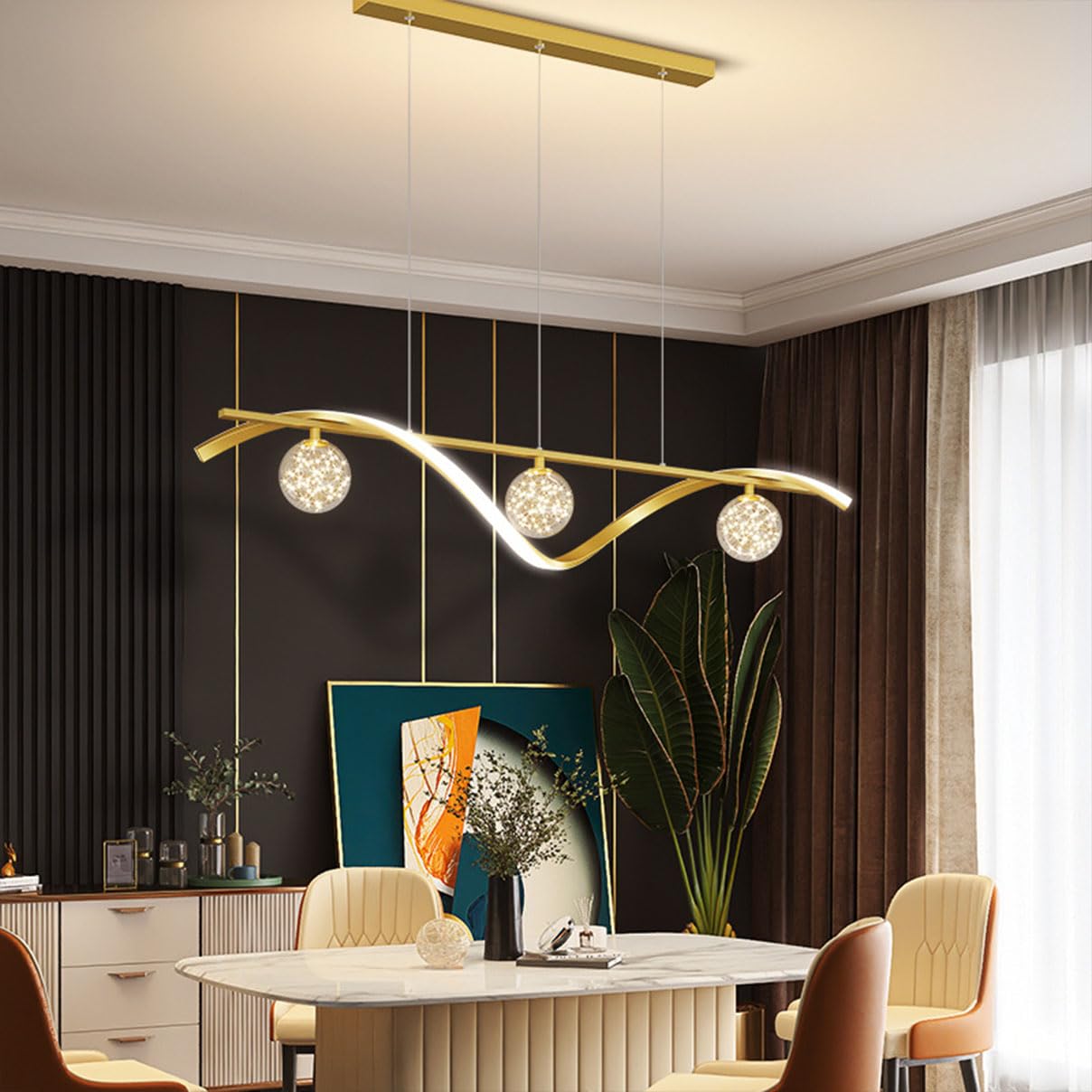 Bellastein Modern LED Pendant Lamp Dimmable Chandelier with Remote Control for Living Room, Kitchen, Office Ceiling (Gold)
