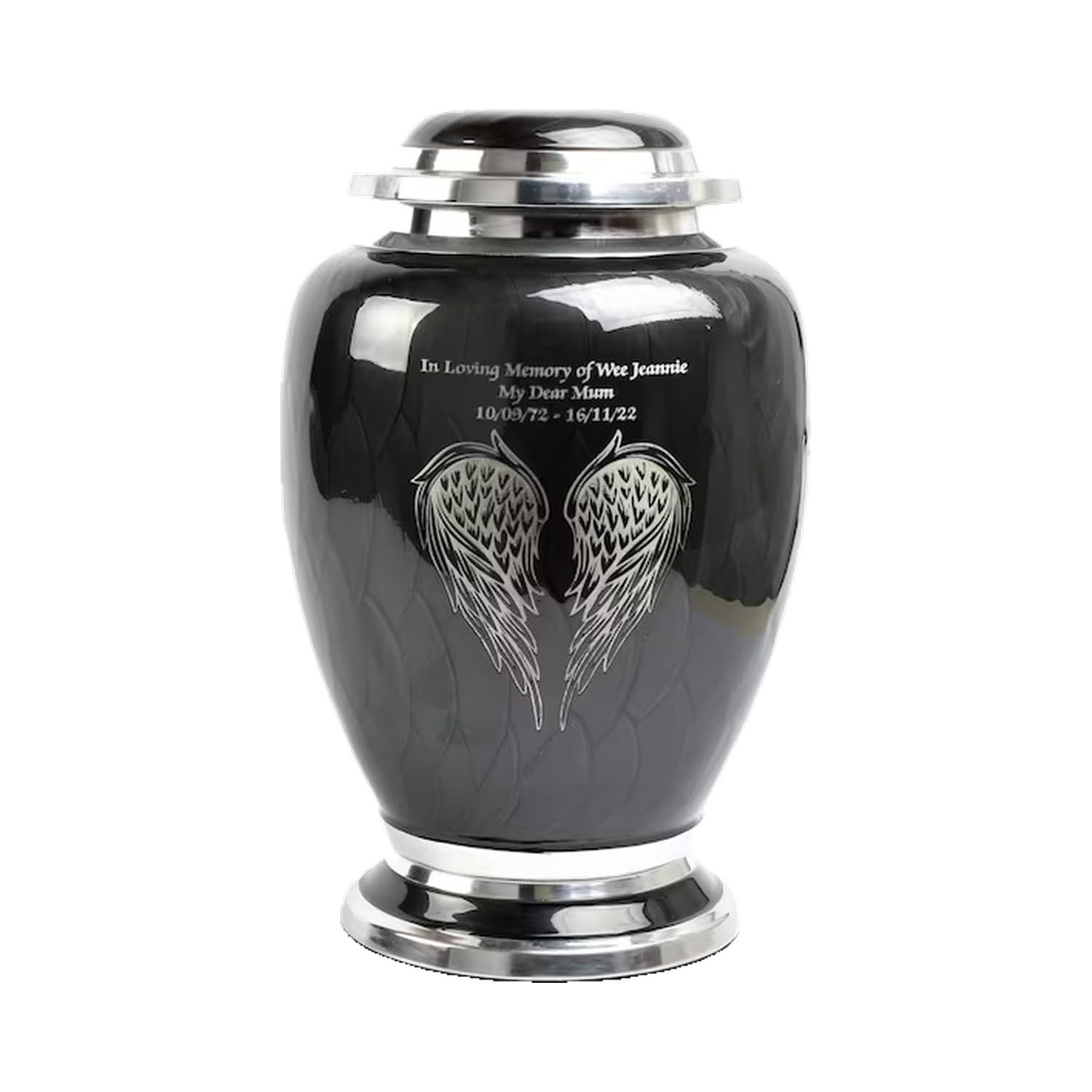 Angel Wing Cremation Urn for Adult Ashes – Durable Aluminium Funeral Container – Memorial Vessel with Engraved Design Securely Holds Human Remains up to 90kg or 14 Stone (Personalised-Elegent black)