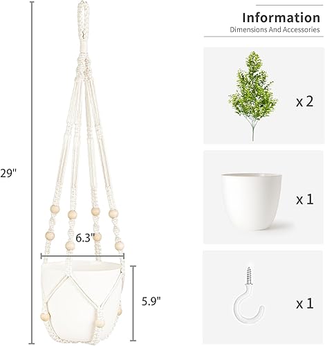 Miniatura 6 de Mkono Planta colgante falsa con maceta, plantas artificiales para decoración de primavera del hogar, colgador de plantas de macramé para interiores