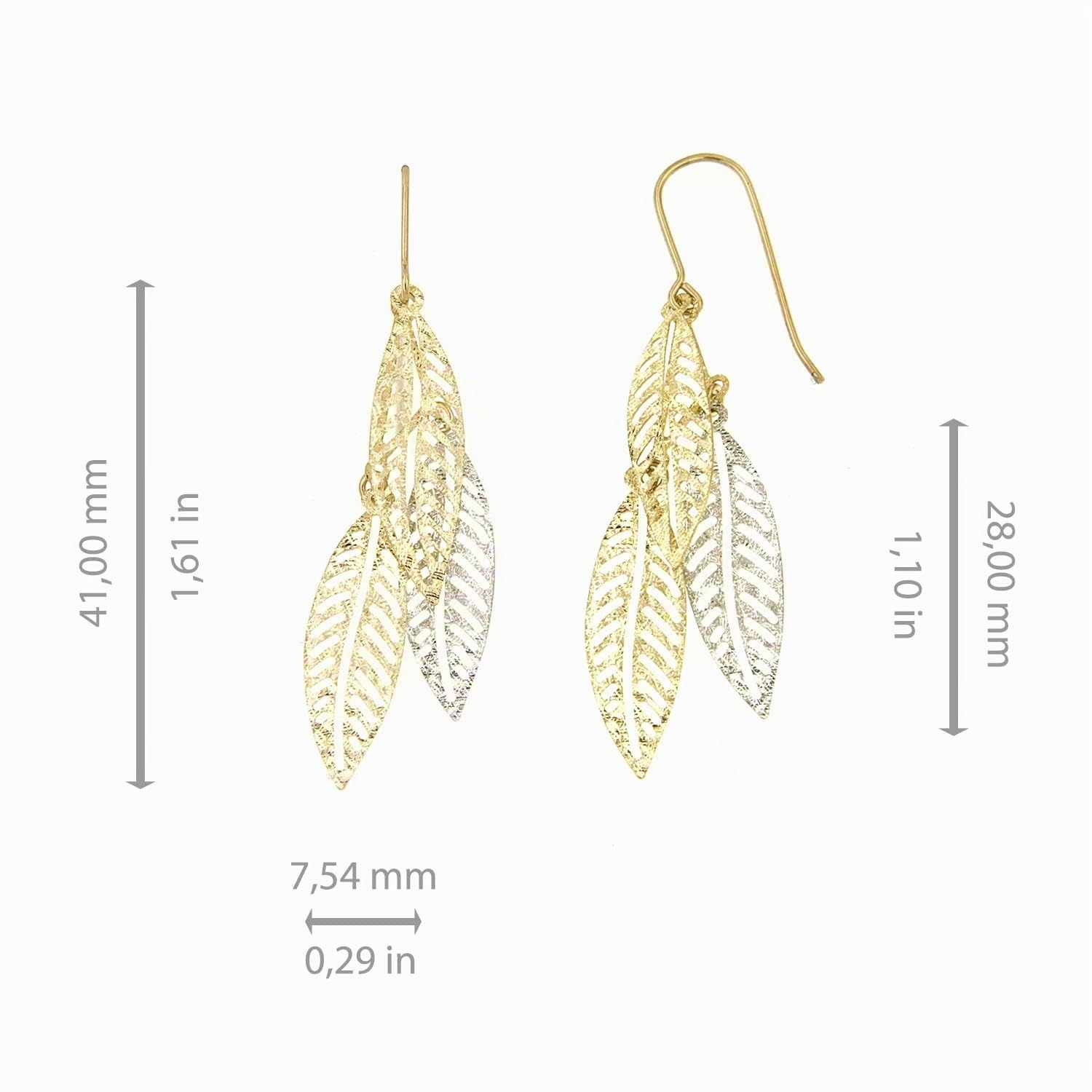 Pendientes de Oro Blanco y Amarillo de 9 Quilates - Diseño de Hojas