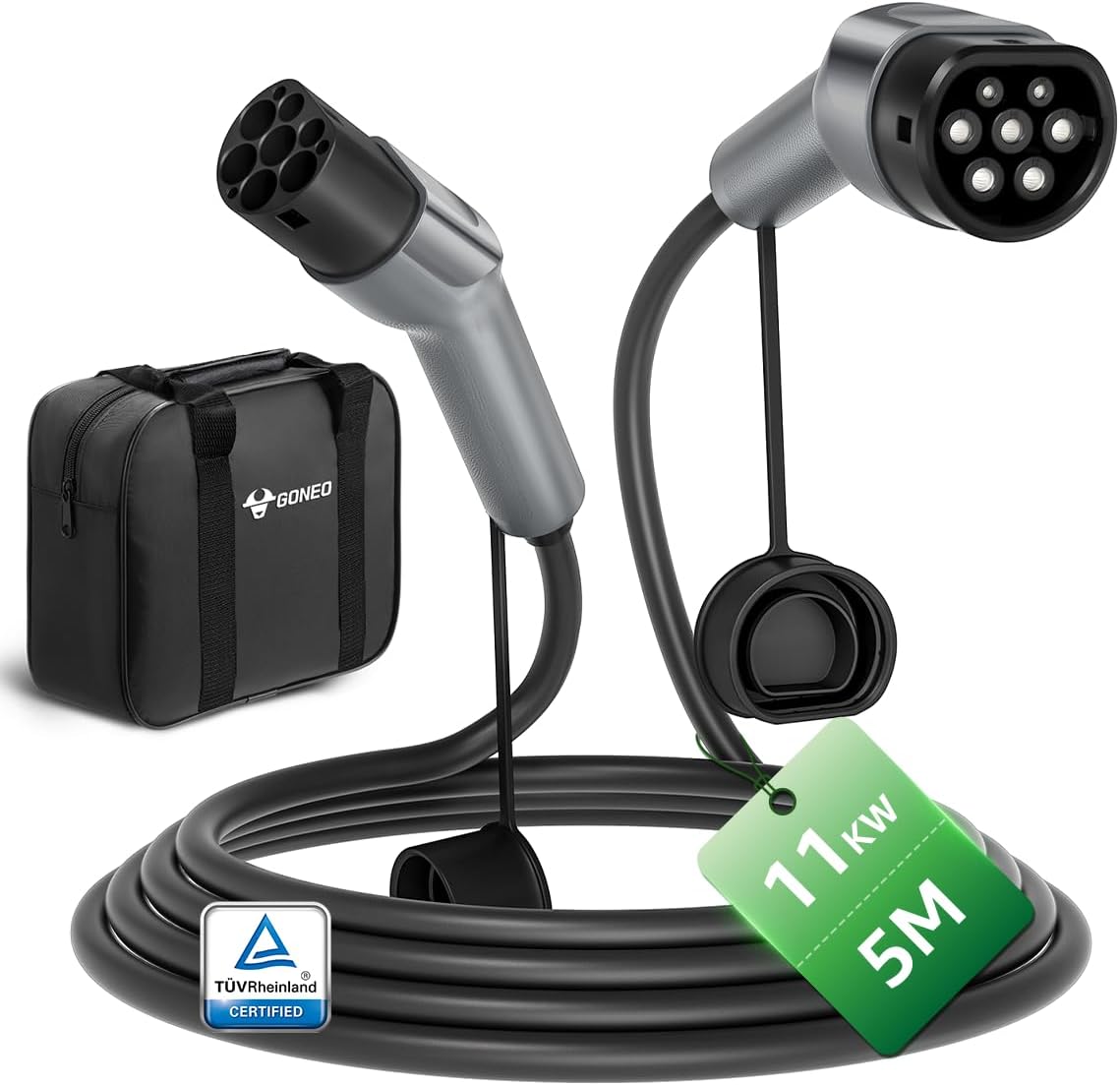 GONEO Kabel do ładowania typu 2, 11 kW, 5 m, 16 A, 3-fazowy, 3-fazowy kabel do szybkiego ładowania, IP54, TPU, odporny na ścieranie, kompatybilny z Tesla/VW/BMW/Audi, do samochodów elektrycznych i
