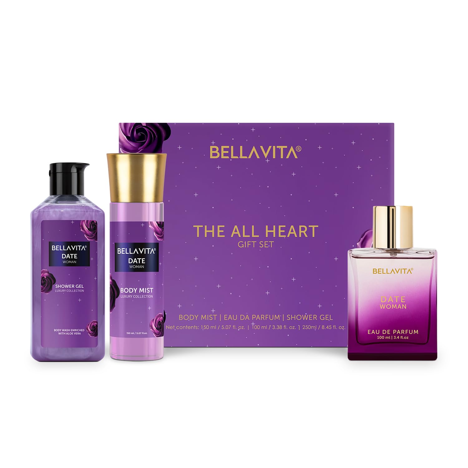 BELLAVITA The All Heart | Long Lasting Gift Set for Woman | with Body Mist 150ml, Shower Gel 250ml and EDP Perfume 100ml | Floral, Fruity Premium Fragrance BELLAVITA The All Heart | Long Lasting Gift Set for Woman | with Body Mist 150ml, Shower Gel 250ml and EDP Perfume 100ml | Floral, Fruity Premium Fragrance