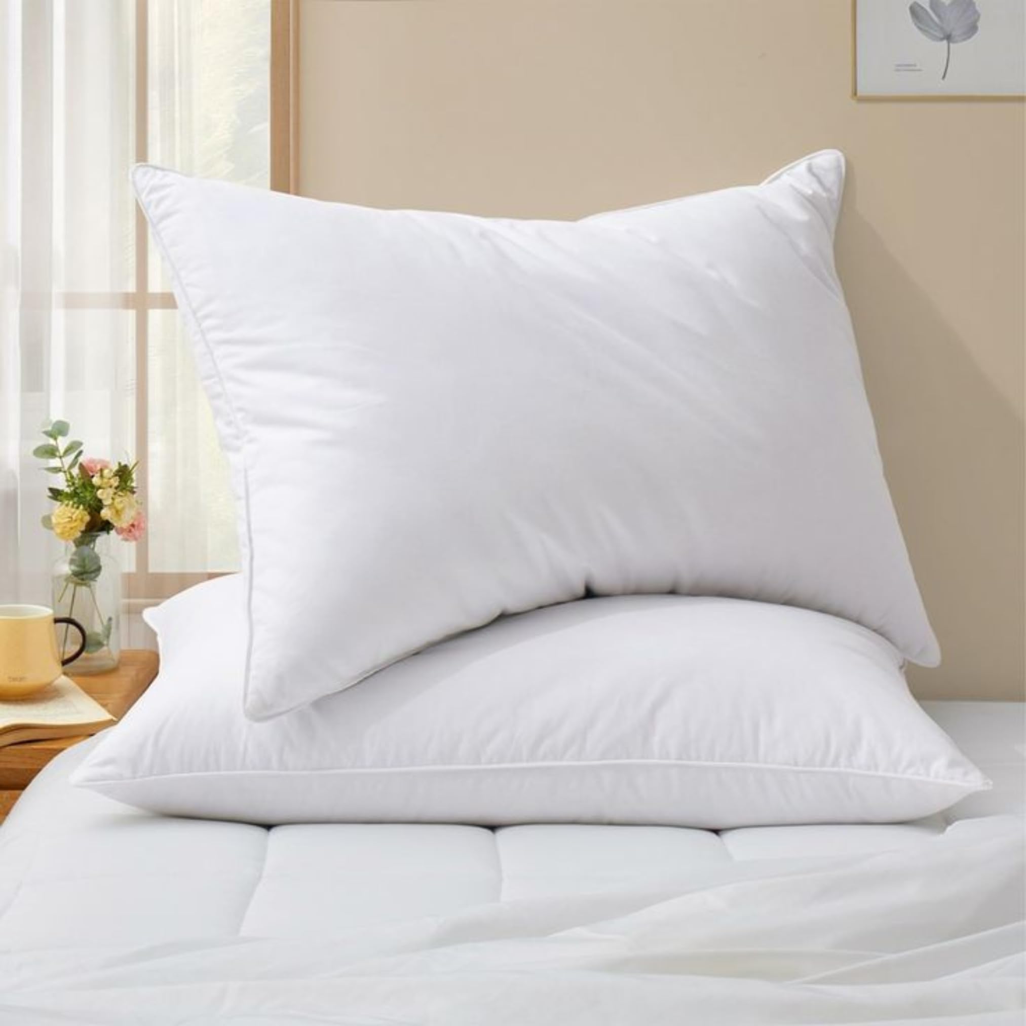 Luxury Siberian Goose Down Feather Bed Pillow - Standard Size, White, 90x50cm,16cm Thick,1000 Thread Count Cotton Fill, Hotel Sleep Pillow For Side Support and Back Sleeper