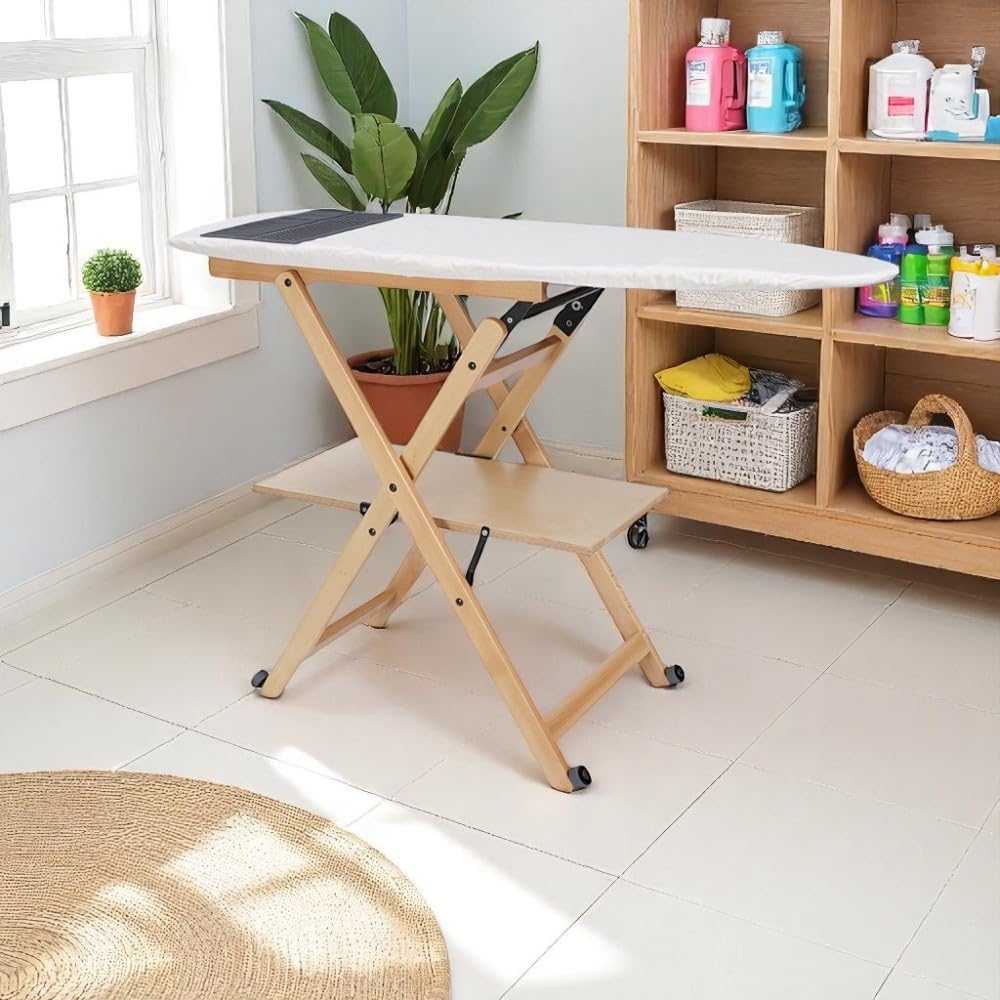Asse da stiro in legno di faggio richiudibile con ruote e ripiano porta biancheria – modello Revi Made in italy (Naturale)