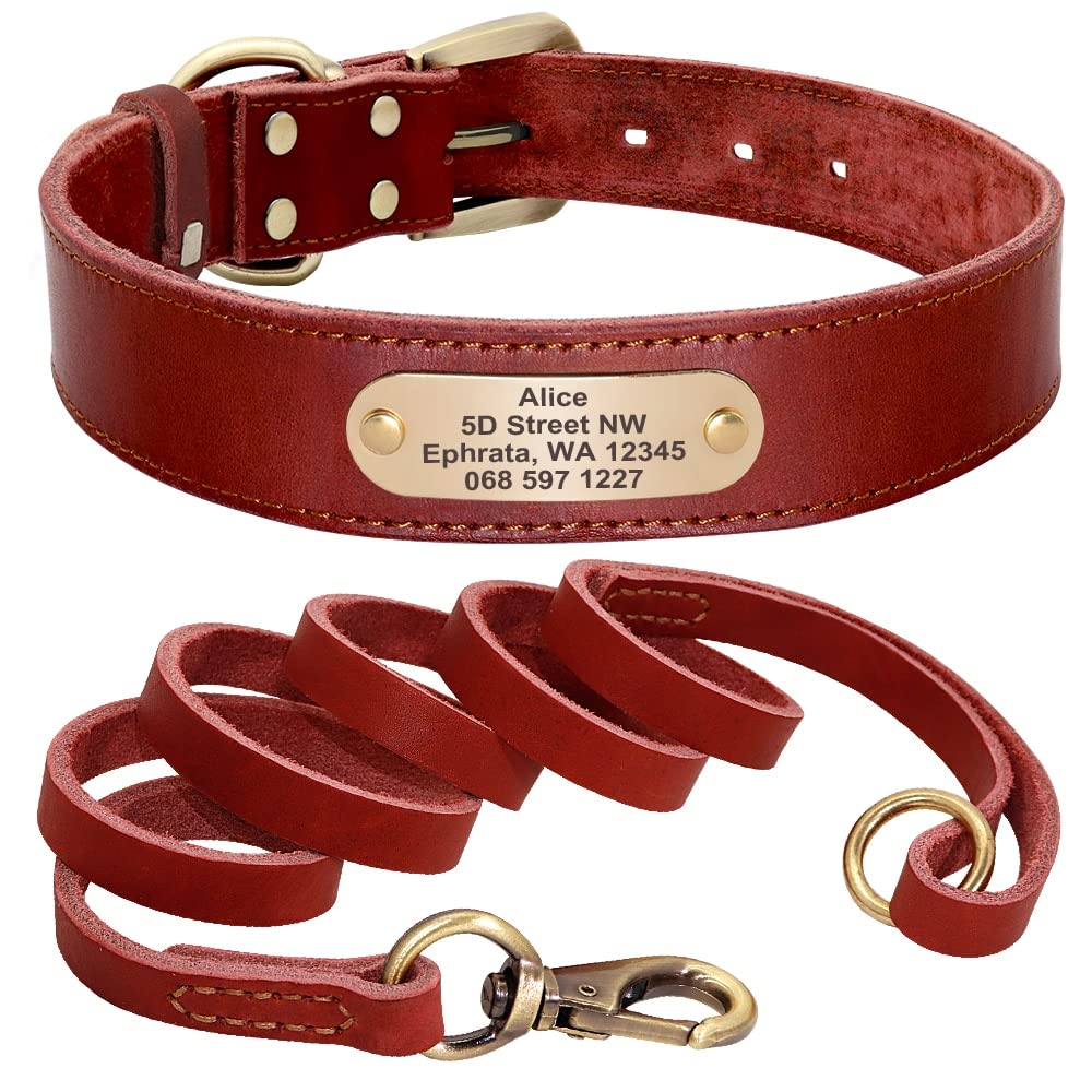 Collier personnalisé en Cuir pour Chien,Collier Personnalisé en Cuir,Cadeau Personnalisable,Collier réglable pour Animal de Compagnie pour Chiens de Petit Moyen Grand (Red Set,L)