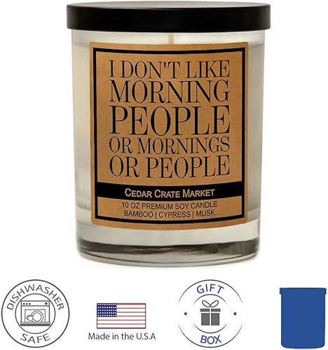 Miniatura 7 de Vela de soja perfumada con etiqueta Kraft "I Don't Like Morning People or Mornings or People", bambú, ciprés, almizcle, 10 onzas, hecha en los