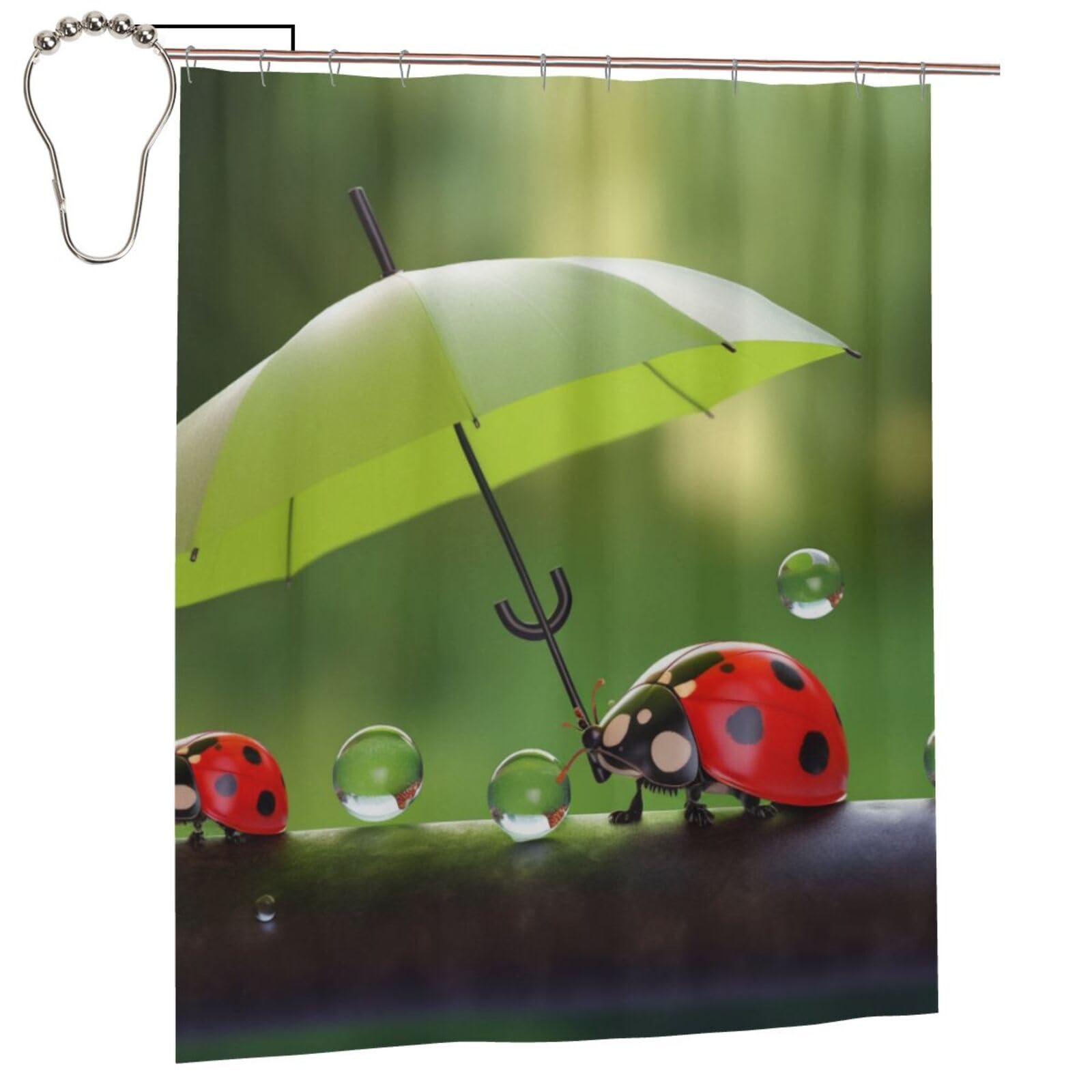 BWWHCCTI Adorable Ladybug With Umbrella Printed Shower Curtain With 12 Iron Hooks Opaque Quick Drying Waterproof Shower Curtains Sets For Bathroom 152x183 Cm