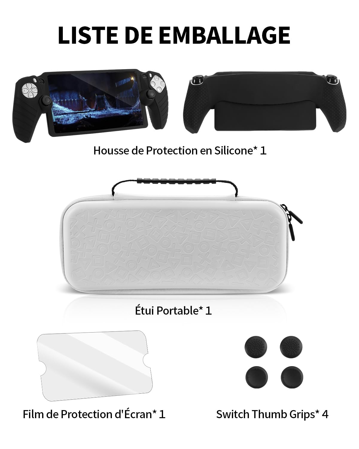 8 en 1 Kit D'accessoires Compatible avec Playstation Portal, Pochette Portable Rigide avec Housse Protection En Silicone Compatible avec PS5, Protecteur D'écran Avec 4 Thumb Grips, Noir & Blanc