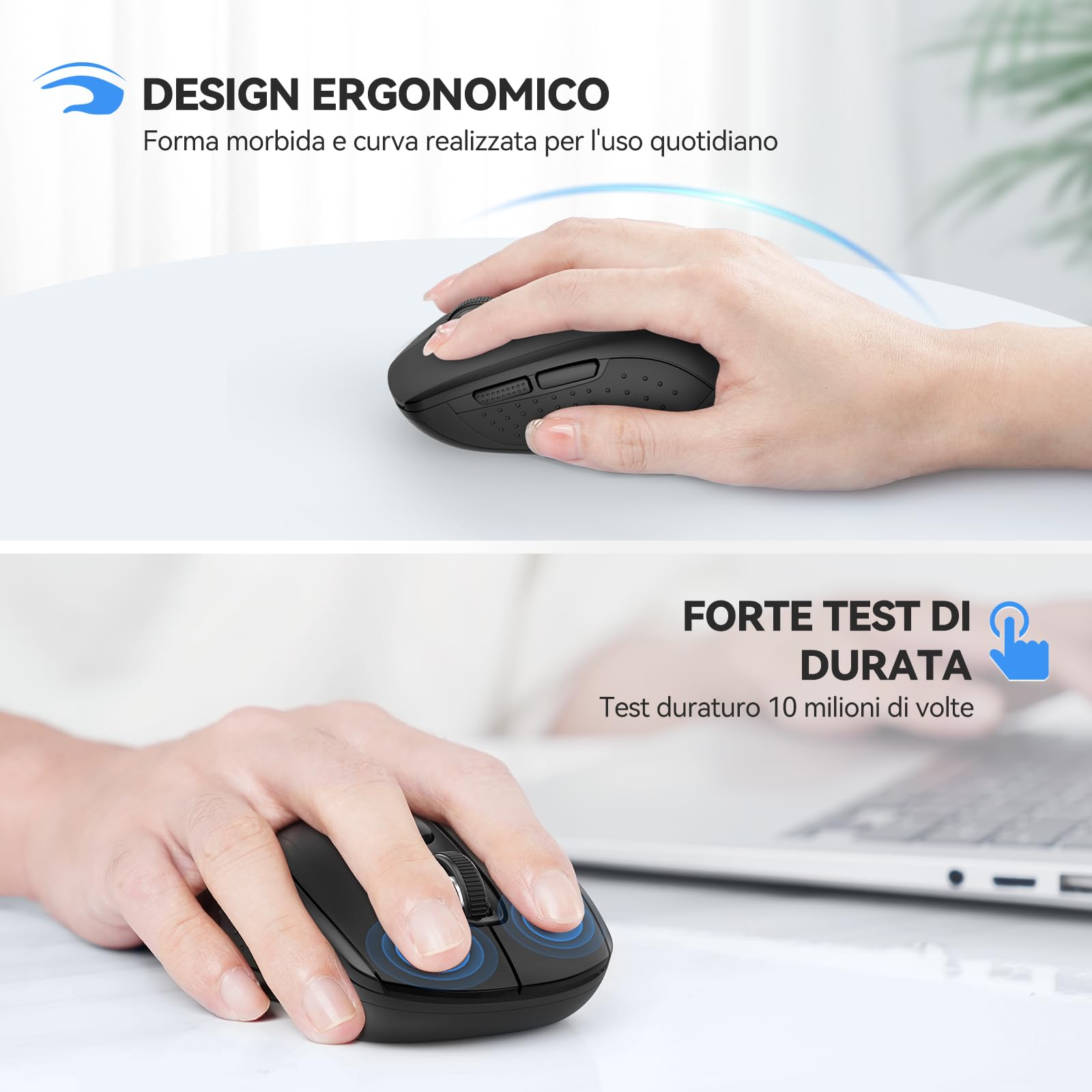 TECKNET Mouse Bluetooth 5.0 e 3.0, 3 Modalità, Mouse Ottico Portatile Wireless 2.4G con Ricevitore USB Nano, 4000 DPI per Laptop, MacBook, PC, Windows, Android,Nero