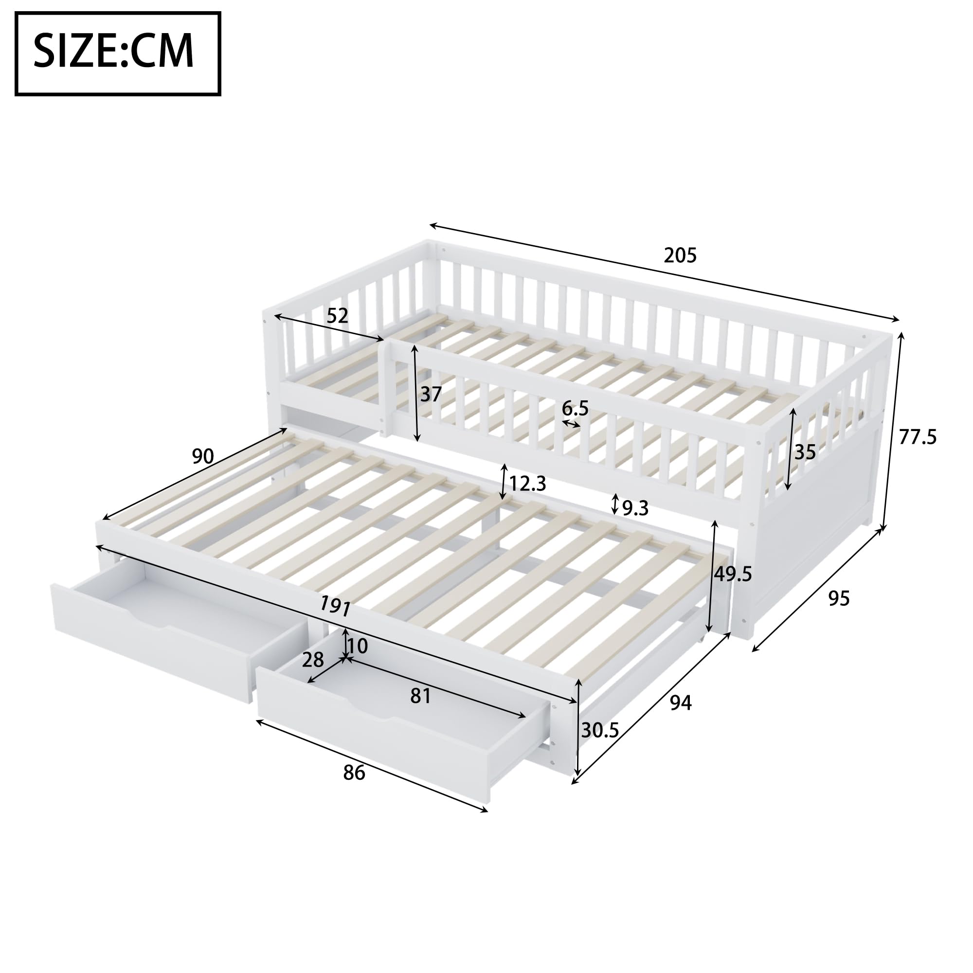 Dolamaní Kinderbett 90x200 cm mit Ausziehbares Bett, Bodenbett mit 2 Schubladen Darunter, Ausziehbett mit Lattenrost, Gästebett Jugendzimmer Kojenbett ohne Matratze (Weiß)