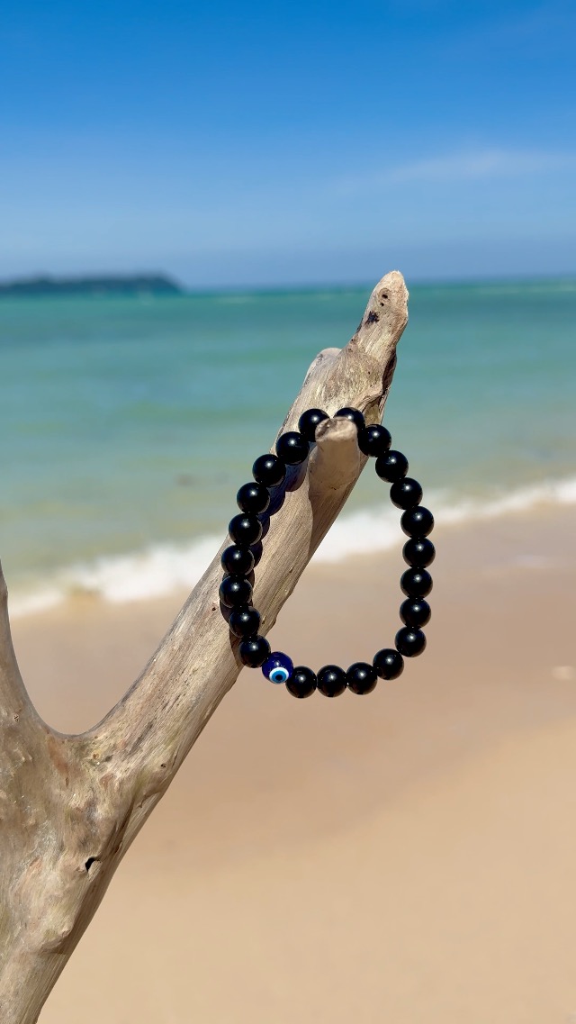 Pulsera elástica con obsidiana negra natural y ojo turco miniatura 7