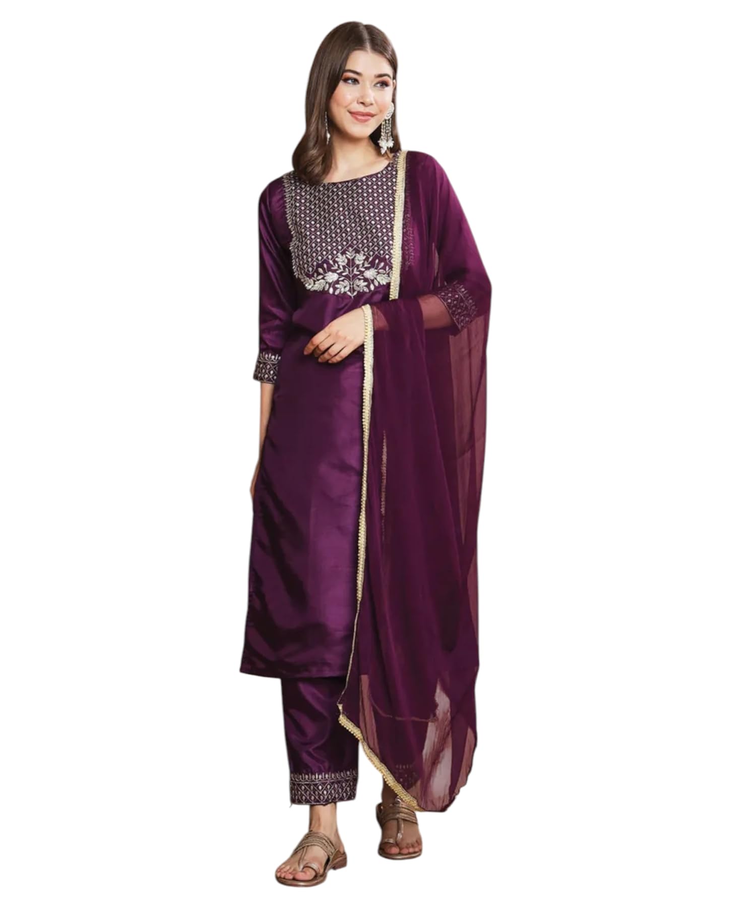 LookMark Women Silk Blend Embroidered Kurti Set with Dupatta