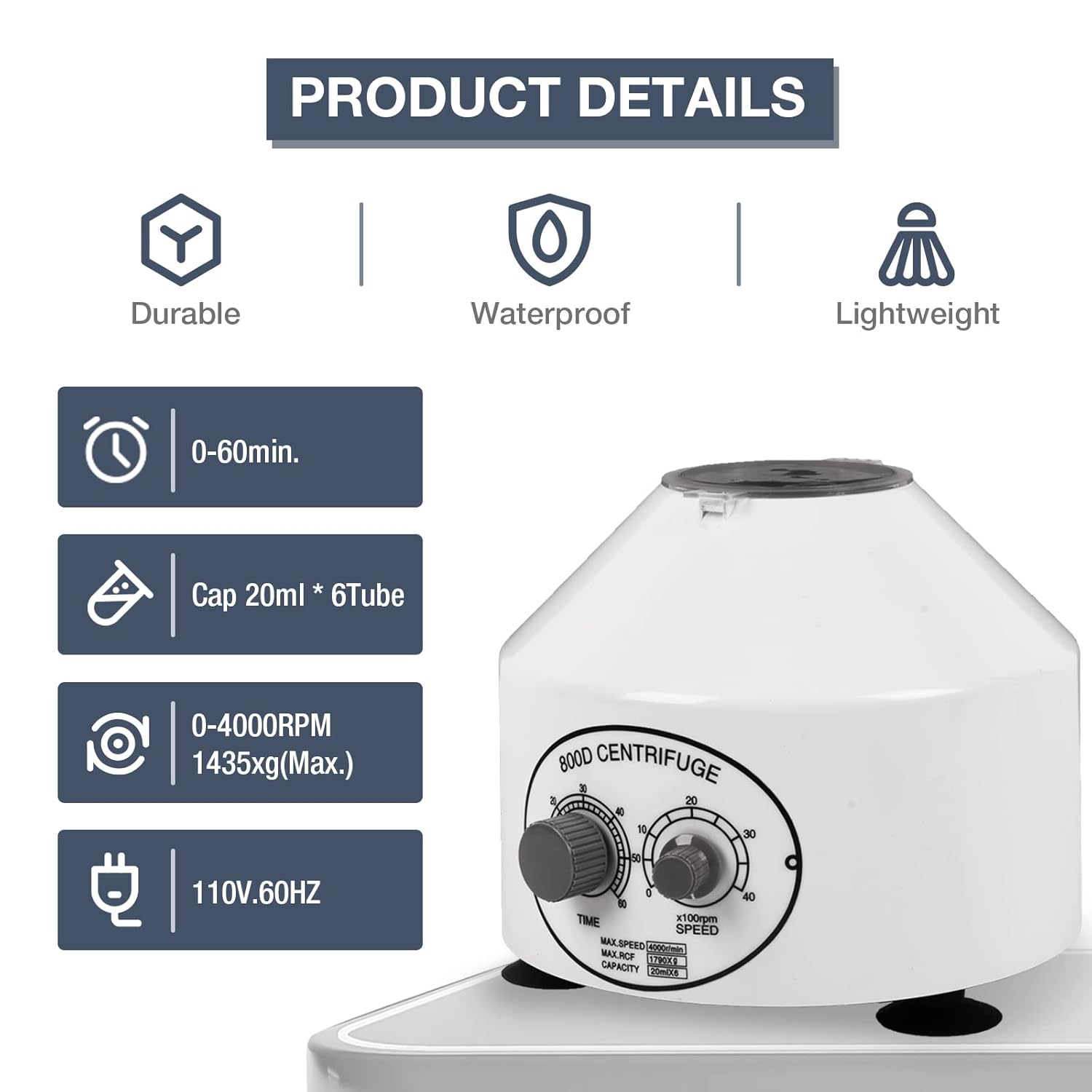 800D Electric Centrifuge Machine 20ml x 6 Desktop 4000RPM Lab Centrifuge Machine with Timer and Speed Control for Plasma Blood PRP, 110V 50W