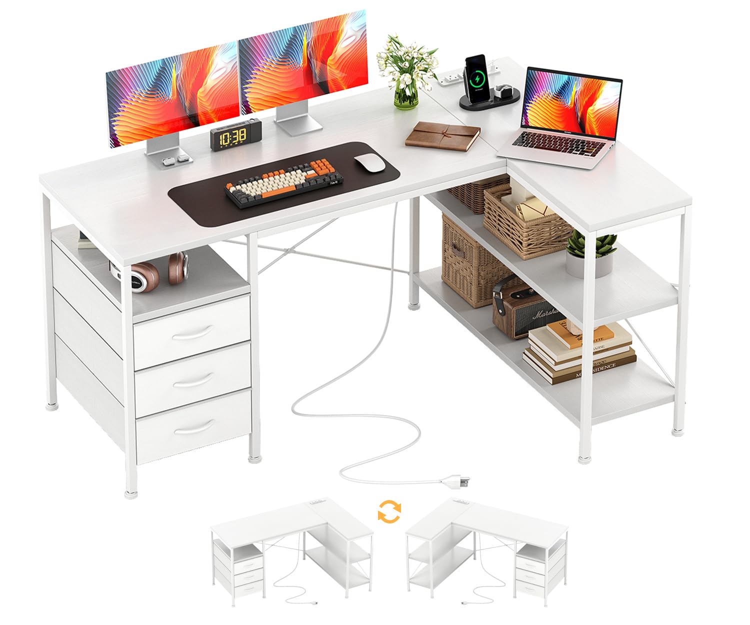 CAIYUN L Shaped Computer Desk with Power Outlets, Home Office Desk with 3 Drawers, 47 Inch Corner desks with Reversible Storage Shelves, White