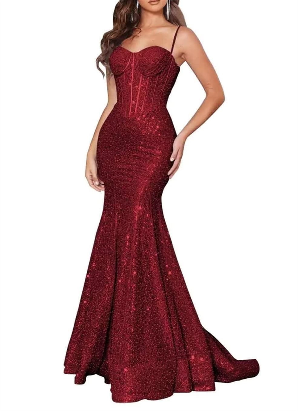 HPPEE Prom Dress Sparkly Spaghetti Straps Ball Gown Mermaid Sequin Formal Evening Dresses WYX428 Wine Red UK18