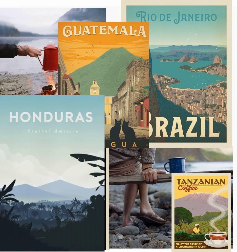 Café pack 4 x 250g en Grano - Seleccion mejores Cafes del mundo Arabicas +Brasil Colombia Etiopia y Tanzania + Caja regalo + Taza vintage - Maxima calidad avalada por la SCA