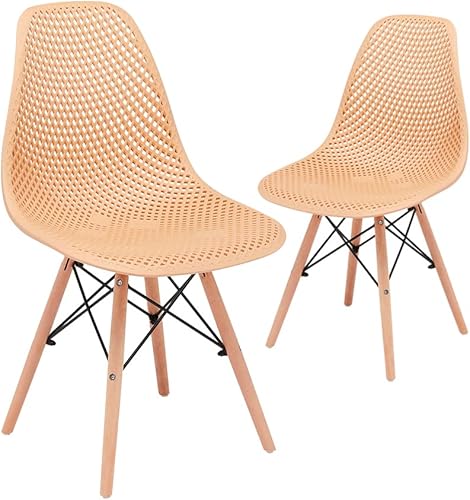 CangLong Dining Mid Century Modern DSW - Silla lateral de plástico sin brazos con respaldo hueco y patas de madera de haya, juego de 2, beige