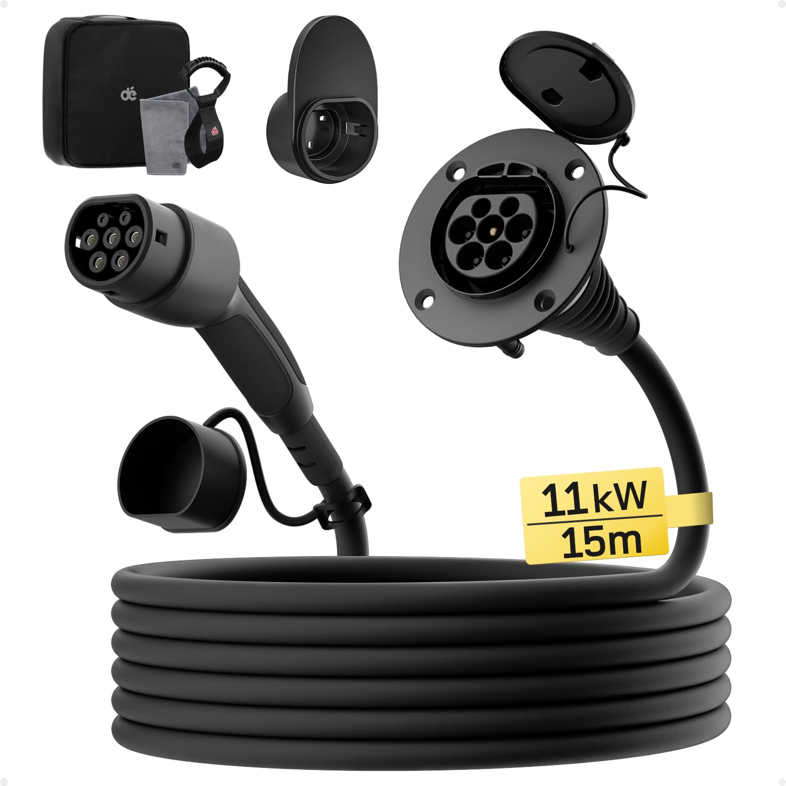 dé Typ 2 Verlängerungskabel [20m, 11kW, 16A] 3-Phasen Ladekabel 400V, Schutzart IP54, kompatibel mit Allen IEC62196-2 BEV und HPEV, mit Tragetasche