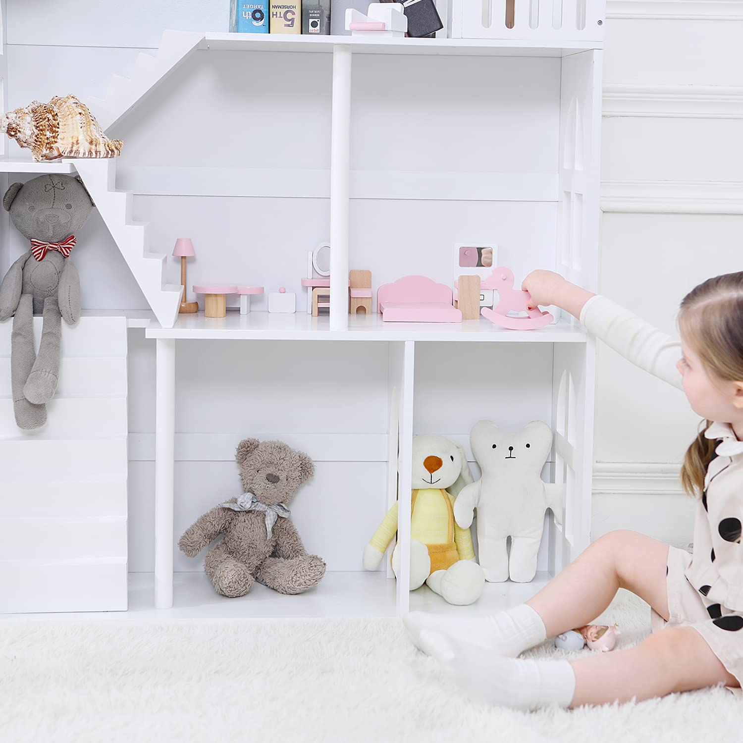 HILIROOM HILIROOM Dollhouse Bookshelf with Stairs and Balcony, Wooden Bookcase for Kids, 3-Tier Children Toy Shelves with Large Storage, 32.6� x 12� x 45.6�, (White)
