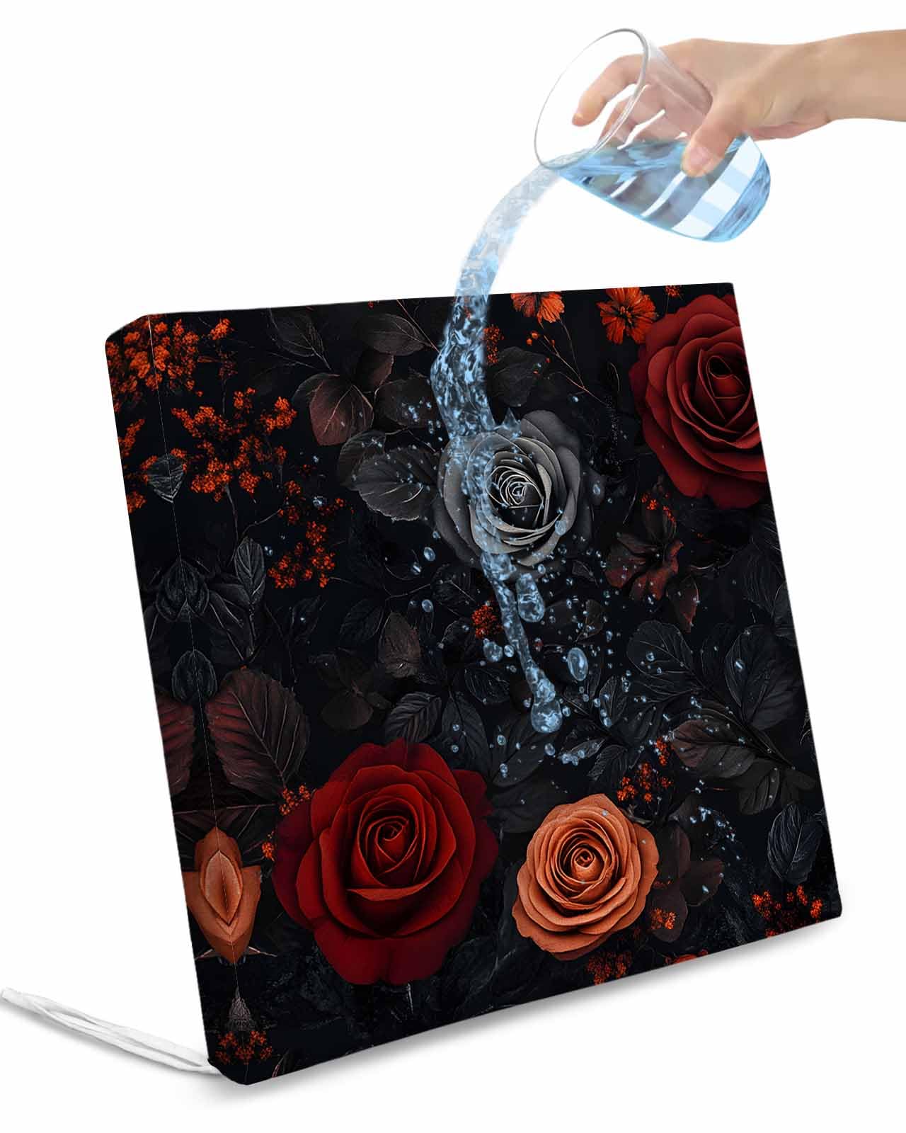 2 Pack Red Orange Roses Waterproof Cushion Covers with Ties, Outdoor Patio Chaise Lounge Chair Seat Cushion Slip Covers Replacement(Only Cover) Elegant Romantic Flowers Pastoral 22