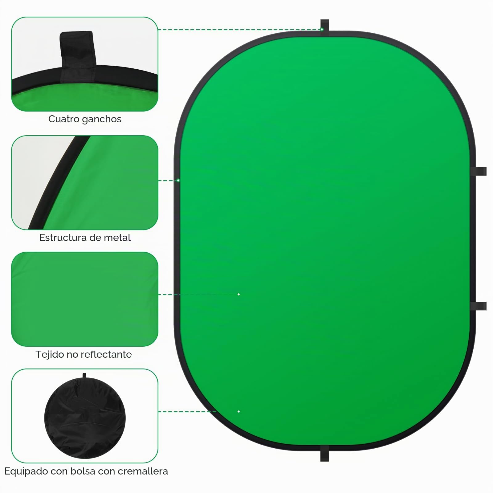 Telón de fondo reversible plegable 2 en 1, color azul y verde, pantalla cromada de 6.5 x 5 pies con bolsa de transporte, 100% algodón de muselina