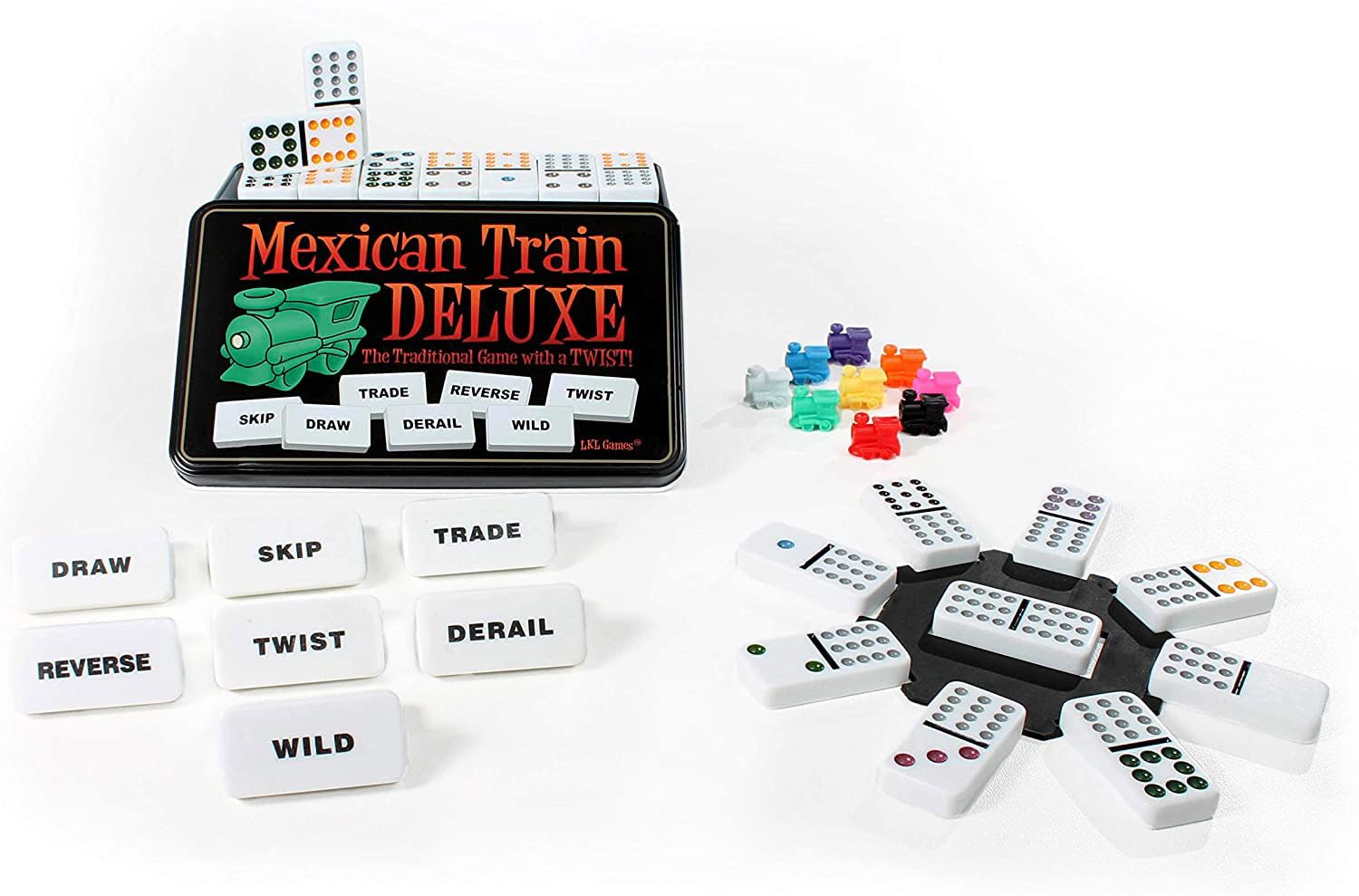 Deluxe Mexican Train Dominoes Set with Action Tiles - Fun New Twist with Skip, Draw, Reverse, Wild & More