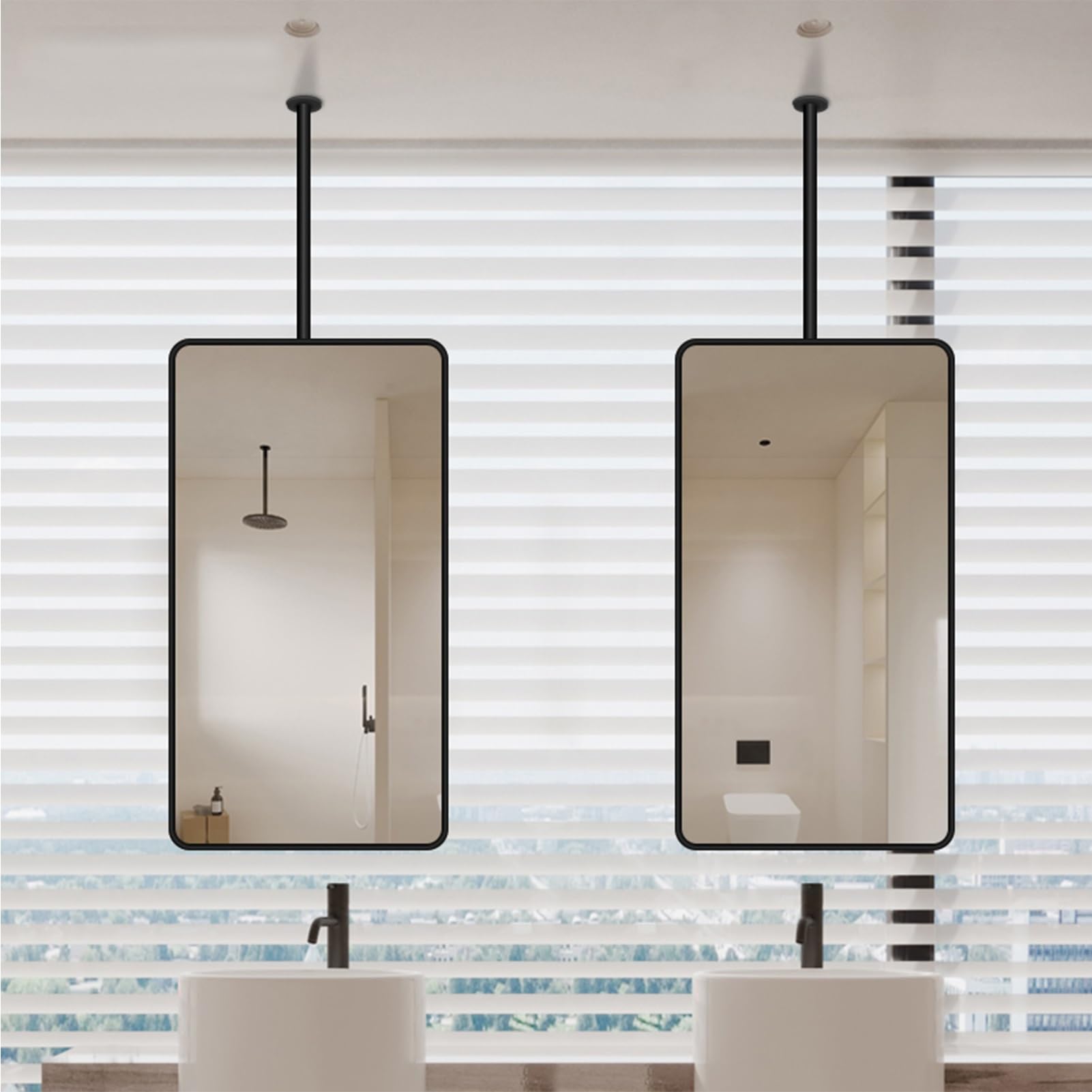 ITOSUI Bathroom Mirror Vanity Makeup Mirror, Rectangle Decorative Mirrors with Black Metal Frame and Boom, Hanging Pole Mirror on the Ceiling Nordic Floating Mirror for Home or Hotel(40cmx70cm)
